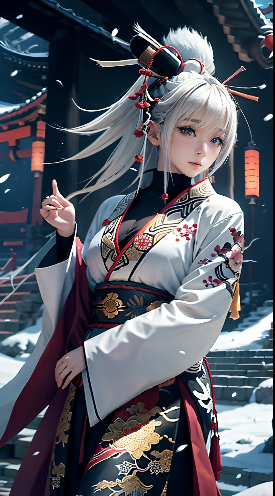 anime - style image of a short-white hair warrior woman, clothes only have white and black colour, samurai kimono, empty hand, white lotus, cry,, a character portrait, fantasy art, background is a winter japan mountain shrine, cyberpunk shrine maiden with fox ears and fox tails, dark white and bold red color, natural lighting, robot fox companions, fighting pose,​masterpiece, 1 beautiful girl, Detailed eye, Swollen eyes, top-quality, A high resolution, an asian beauty, very extremely beautiful, Beautiful skins, A slender, Forward-facing body, (A hyper-realistic), (high resolution), (4K), (highly detailed),( Best Illustration), (beautifully detailed eyes), (ultra-detailed), 详细的脸, Bright lighting, Professional Lighting, distance view,