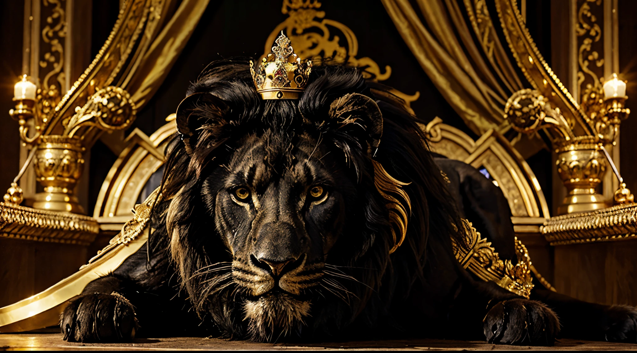 black lion with golden crown on his head , fundo de imagem escuro sem contornos dourados em volta