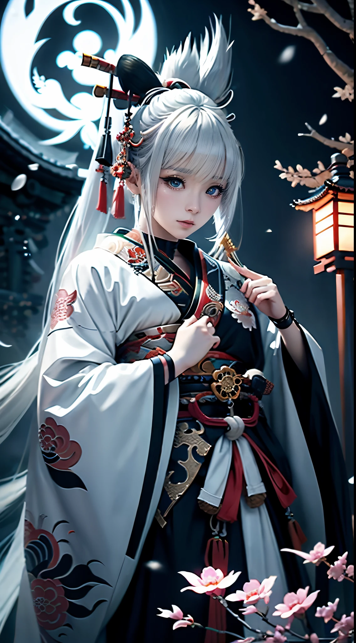 anime - style image of a short-white hair warrior woman, clothes only have white and black colour, samurai kimono, empty hand, white lotus, cry,, a character portrait, fantasy art, background is a winter japan mountain shrine, cyberpunk shrine maiden with fox ears and fox tails, dark white and bold red color, natural lighting, robot fox companions, fighting pose,​masterpiece, 1 beautiful girl, Detailed eye, Swollen eyes, top-quality, A high resolution, an asian beauty, very extremely beautiful, Beautiful skins, A slender, Forward-facing body, (A hyper-realistic), (high resolution), (4K), (highly detailed),( Best Illustration), (beautifully detailed eyes), (ultra-detailed), 详细的脸, Bright lighting, Professional Lighting, distance view,