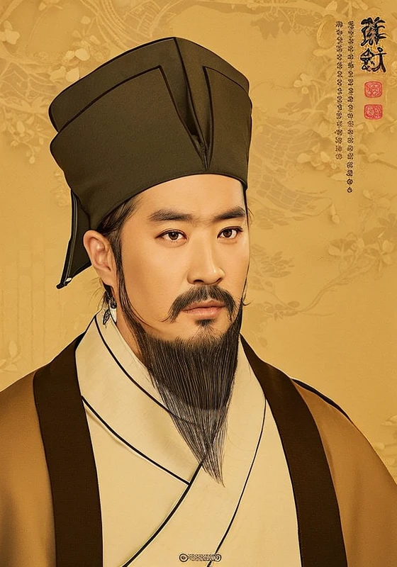 One with a beard、Arafad portrait of man wearing hat，Inspired by Takedoko，Emperor Xuande，zhang daqian，feng shu，xianxia，Inspired by Emperor Xuande，Inspired by Cao Zhibai，Inspired by Gu Kaizhi，Inspired by Song Huizong，yang qi，guangjian huang，real person quality，16K resolution