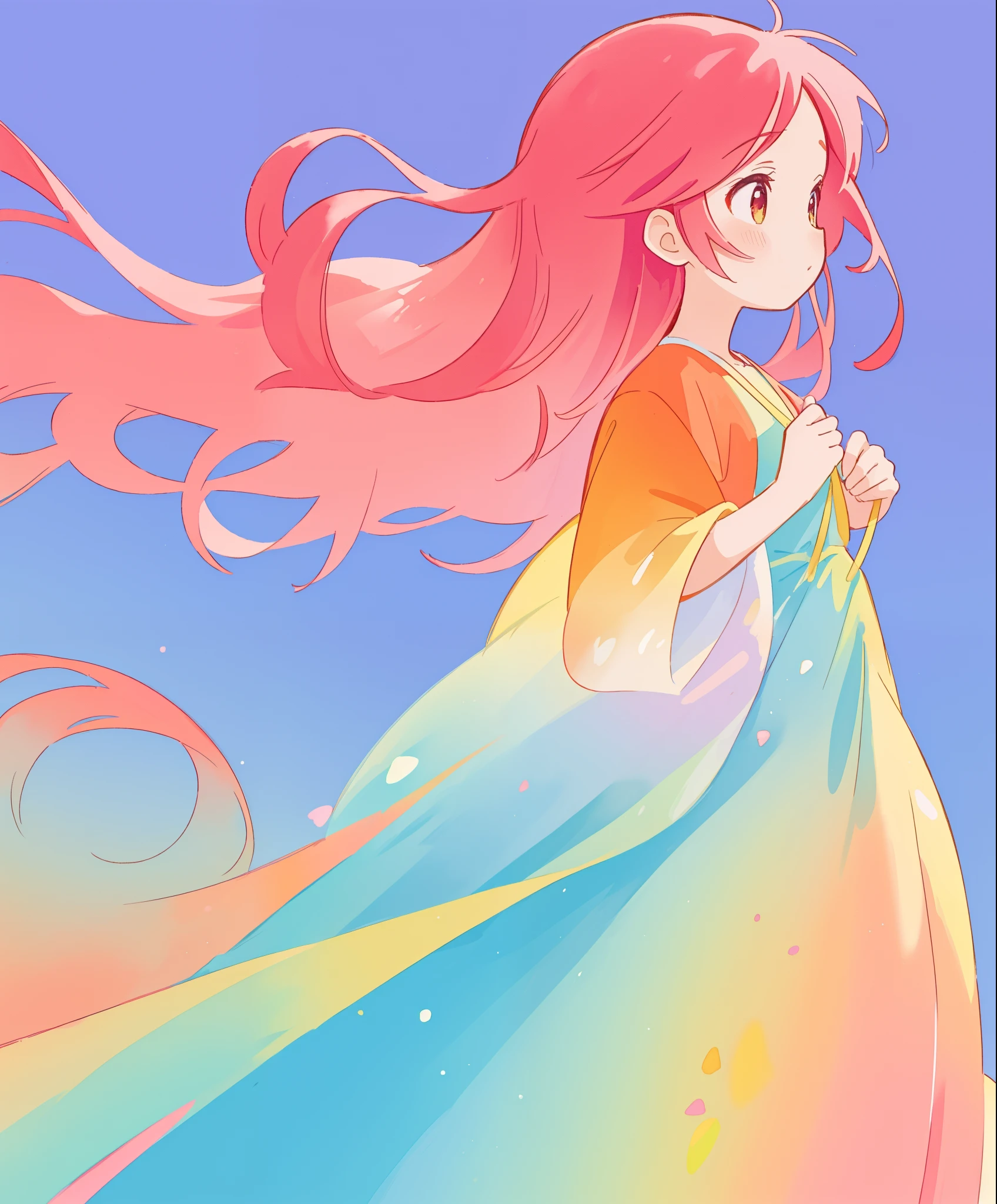 beautiful girl in colorful gradient flowing dress, (((gradient flowing simple dress))), long flowing red pink hair, colorful fantasia background, watercolor illustration, disney art style, beautiful digital illustration, beautiful, masterpiece, best quality, anime disney style, beautiful face