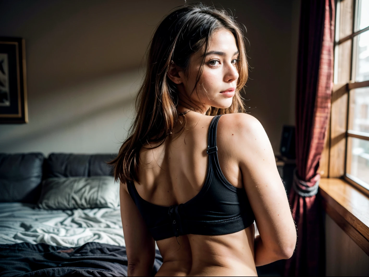 portrait,((high contrast)), close proximity, , (deep, darkest shadows), (35mm film), high contrast,((taken using Leica camera, aperture: f/2.8)) ,(kkw-ph1:0.9), hyper-realistic skin, she has (cozy intimate loungewear on tight silk top and bottoms, jaw-dropping  shape under satin:1.1), (30yo)  (she carries tiny succulent plant:1.2), (tiny cute plant))), she's in dark with natural light glow, radiant skin , (comfortable, attractive woman), (relaxed , composed, ), (hyper-detailed:1.6, (naturally backlit)), (highest quality: 1.2), accent highlights, shadows, film quality, cinematic, powerful image, (we see a tuxedo on a hanger in background), teasing, juicy and ripe, atmospheric air, (ultra-realistic ,soft accent light, natural lighting, (stunning natural lighting)), (highest quality),, High-realism skin, (ultra-realistic skin ), stylish elegance, Finely detailed,(Fine-grained), (highest detail skin texture peach-fuzz, freckles, skin realistic,) ○○ res – ultra high high resolution , very high texture (highlights resolution), Photorealistic hands and fingers, perfect fingers – (photorealistic 4k) , 8K,extreme detail, close and intimate, close-up, perfectly framed, a work of art, beautiful composition, man and woman, (highest quality fabric texture),, every detail,Fine facial features, – (Highest Quality) ,Leica camera film, High quality ○○ detailed – ○○ details ultra detailed(Ultra-fine ), Photorealistic, Extremely detailed(Extremely detailed) , (highest detail image, lens flare, realistic)○○ res – ○○ resolution ultra high res(A high resolution), intimate and relaxed