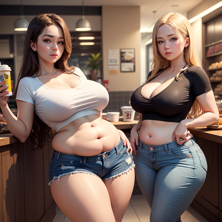 ((highres)), Masterpiece, high quality, best quality, beautiful, perfect lighting, detailed face, ultra cute face, ((2girls)), one girl has blonde hair, blue eyes, crop top and shorts skindentation, one girl has brown hair, green eyes, jeans, white shirt, thighs clothes, full body, fast food restaurant, medium breasts, perky breasts, cleavage, ((wide hips)), ((thick thighs)), ass, ((chubby)), pudgy belly, fat folds, standing, (belly grab), (obese)