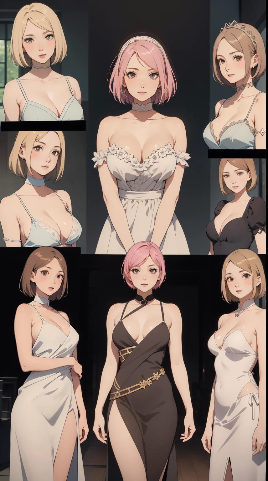 4 girls、（multiple girls)Top image quality、posh，Short hair details，Side breasts，ssmile，（Slip dress)，Masterpiece Best Bust、Bust 100、high high quality、visual art、background and japan