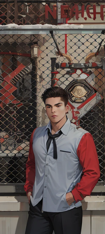 (ridiculous, high resolution, super detailed, realistic,), 1 male, soloist, adult, mature, tall, broad shoulders, handsome, extremely short hair, black hair, brown eyes, angular chin, thick neck, thick eyebrows, night, dark, night city background, formal wear, tie, upper body