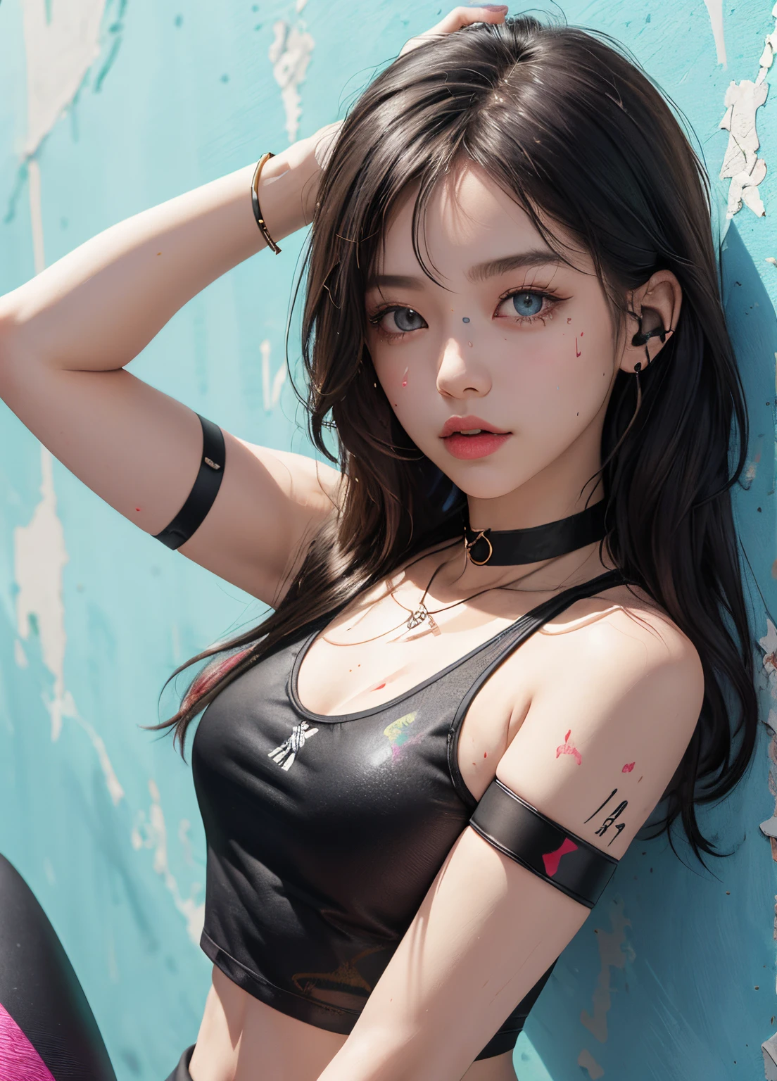 tmasterpiece, Best quality at best, 1girll, 独奏, crop tops, Leggings yoga, choker necklace, (scribbles:1.5), paint splatter, Behind the arm, against a wall, looking at viewert, armlets, thigh band, Paint on the body, tilt of the head, Nudy, O cabelo multicolorido, Water-colored eyes, Earphone,