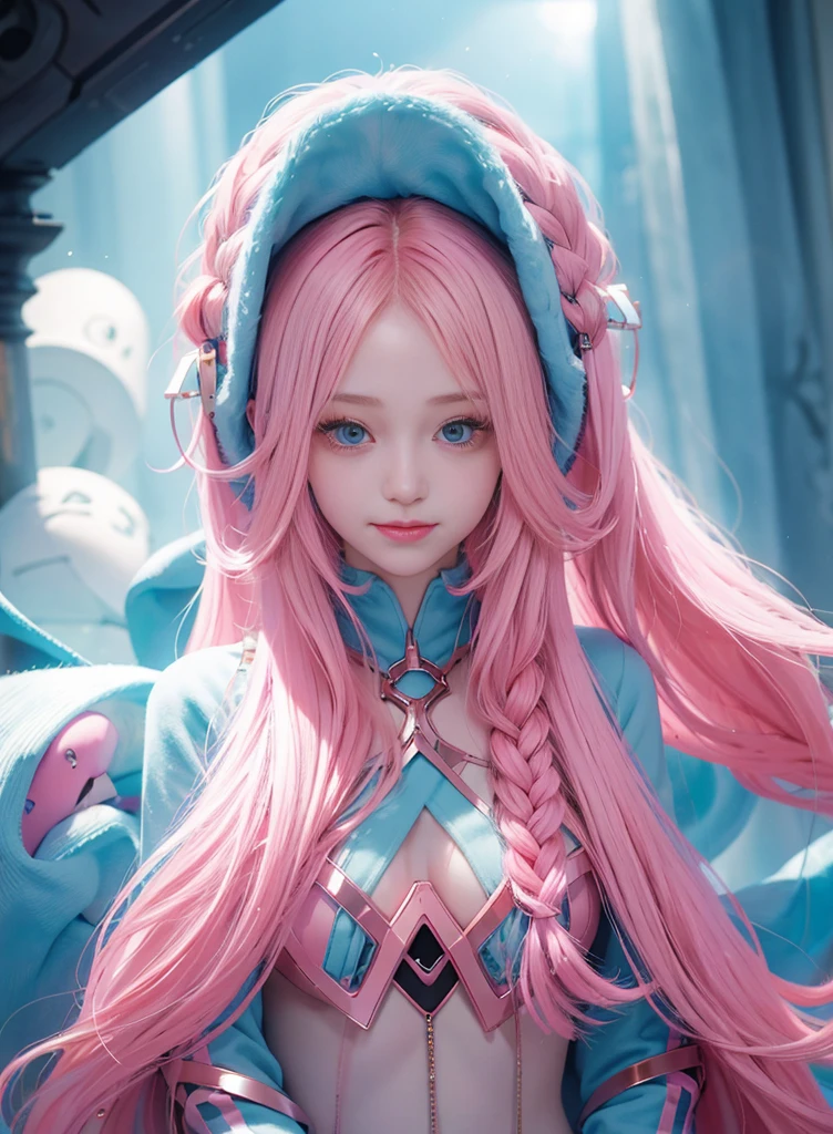 Pink Long Hair，Nice face，Blue suspender bikini，Heterochromatic pupil，ssmile，apathy，比基尼，Full body photo，the soft light，Earphone