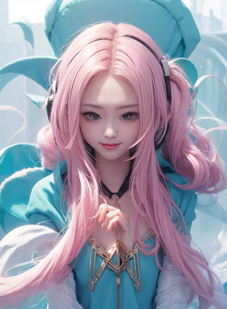 Pink Long Hair,Nice face,Blue suspender bikini,Heterochromatic pupil,ssmile,apathy,比基尼,Full body photo,the soft light,Earphone