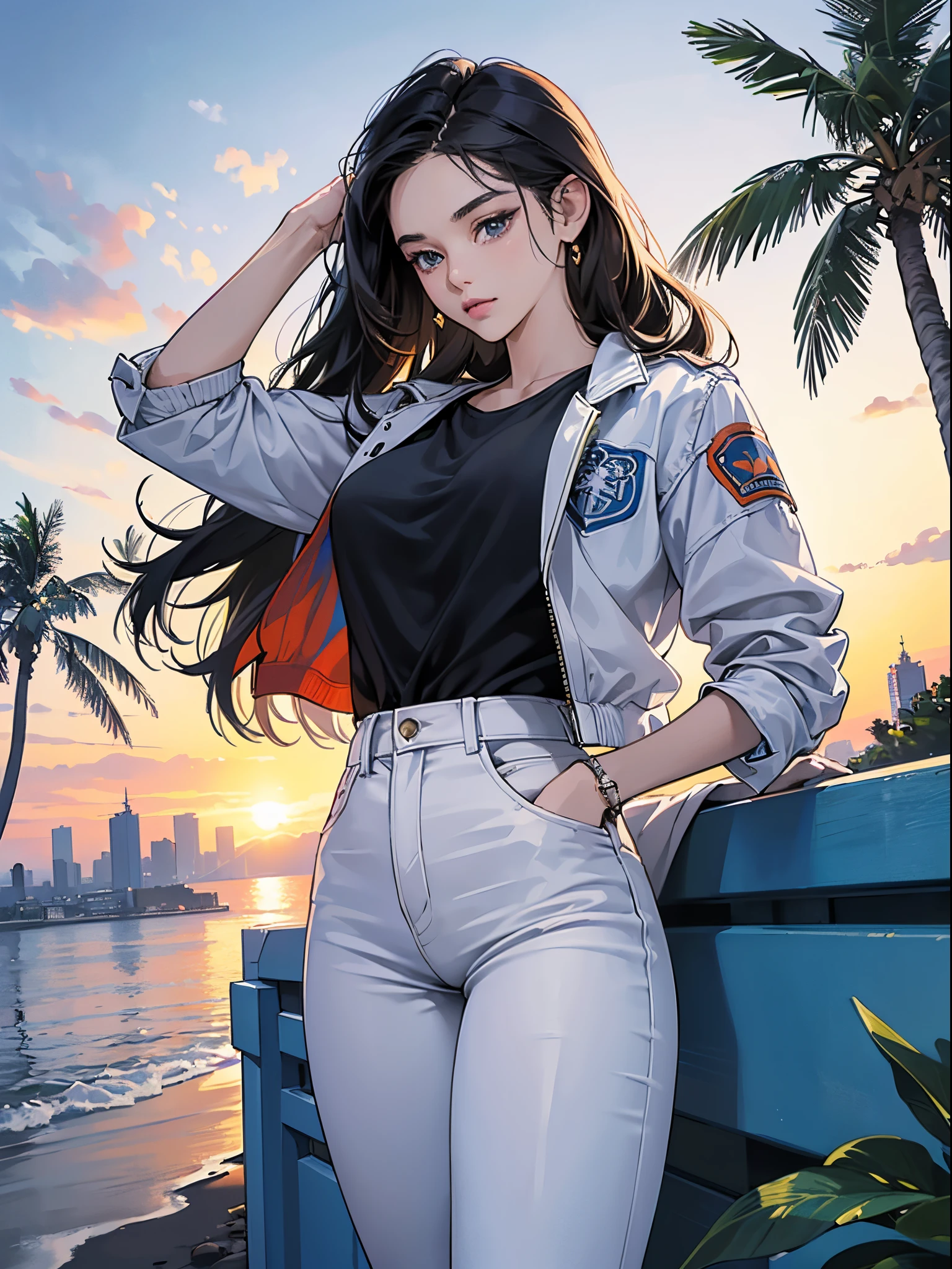 orange and royal blue tones、Vibrant colors、((masterpiece)))、(((top-quality)))、((ultra-detailliert))、(A hyper-realistic)、(highly detailed CGillustration)、Official art、CD cover、urbane、City Pop、Palm trees、Sunset beach、Long Black Hair、It will be、Cool feeling、Mid summer、Stylish、glorious 1980s、Cool Beauty、Coquettish、a gorgeous、matchless beauty、white blouson、Tight jeans、Female Solo、Perfect Angle、perfect-composition