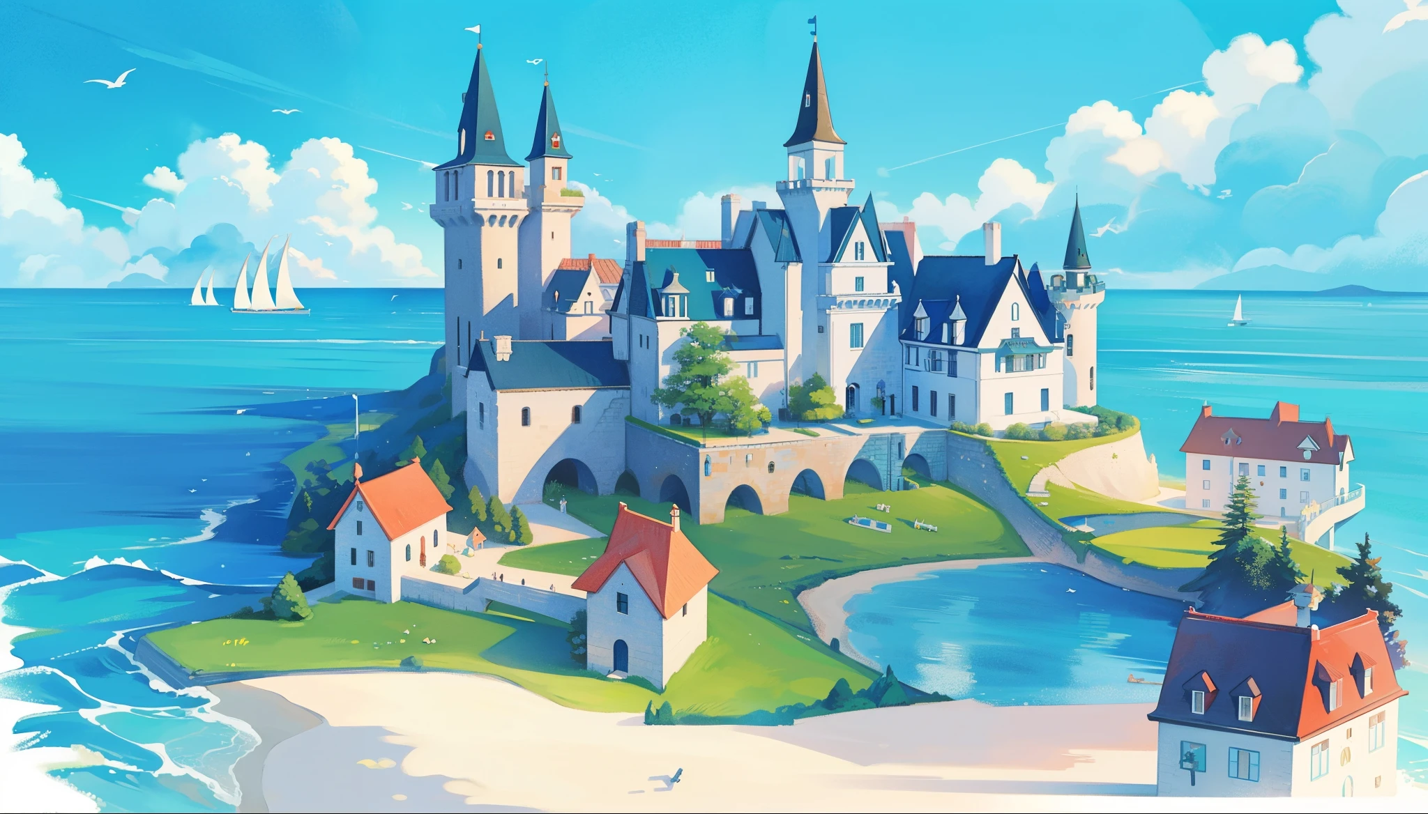 picture book illustration, watercolor storybook illustration, ((seaside castle)), (ocean beach), vibrant pastel colors, colorful, whimsical, magical, masterpiece, best quality, sharp focus, intricately detailed environment, fine detail, 8k resolution