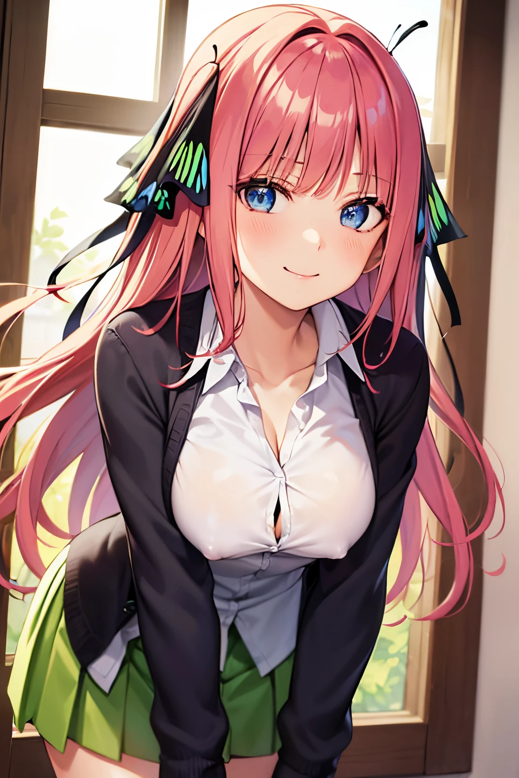 (looking at the viewer: 1.1), Smile, alone, thin, nino nakano, (blue eyes: 1.1), ((butterfly hair ornament)), (hair ornament), (hair band), pink hair, blunt bangs, two sides up, (long hair) , (large breasts: 1.1), (black cardigan: 1.1), (open cardigan: 1.1), (dress shirt), (white shirt: 1.1), long sleeves, sleeves past the wrists, (green skirt), pleated skirt, low top, extended low top, cleavage, nipples, leaning forward,indoors,window,