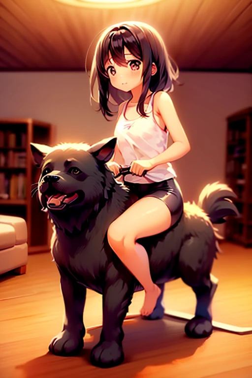 1girl, best quality, masterpiece, cute anime girl riding on a chocolate lab \(dog\), big butt, big thighs, barefoot, black hair, bike shorts, sports bra, in a house