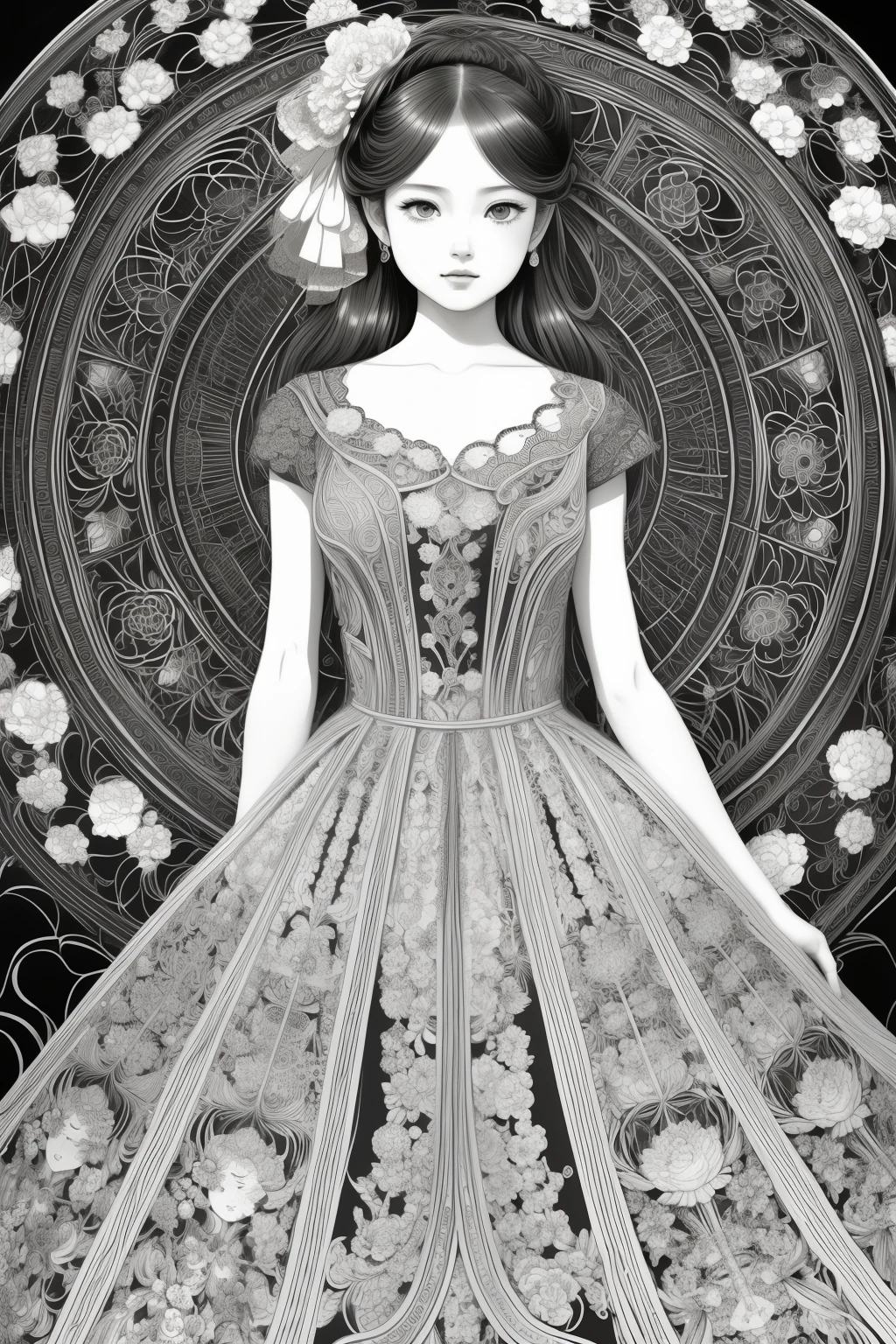 drawing of a woman in a dress with a fan, extremely fine ink lineart, Beautiful line art, line art!!, line sketch!!, Exquisite Line Art, lineart, perfect lineart, Line Art Illustration, Black & White Line Graphics, loli in dress, Intricate manga drawing, highly detailed exquisite fanart, thick lineart, Rei Kamoi dynamic pose