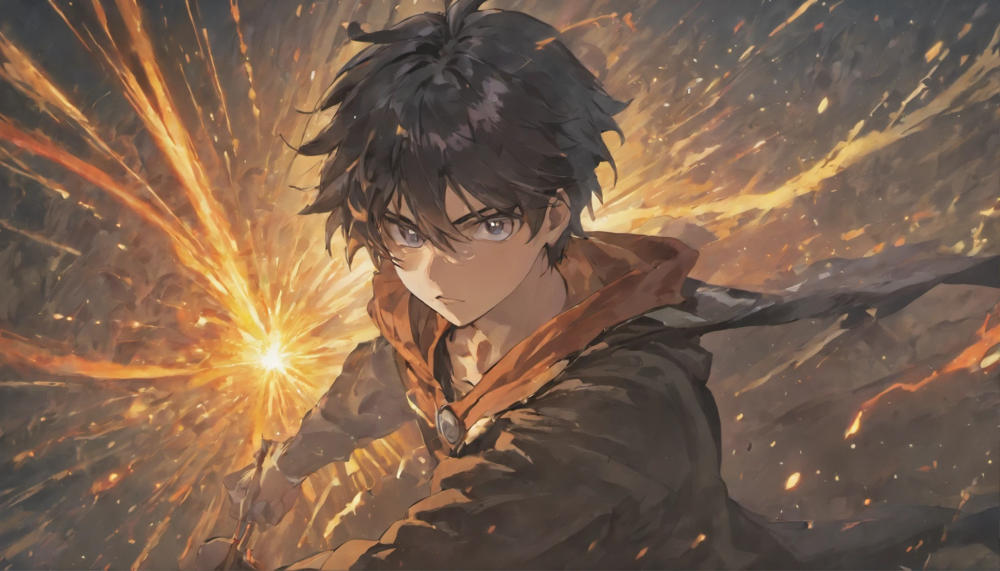 (Dark-haired young man, confront a mythical enemy, in a hopeless state, Full of dynamism, Best Quality), Vivid colors, high contrast lighting, Oil painting style, intense action, Magical atmosphere, Glowing eyes, Ruins, epic fights, billowing smoke, powerful stance, mythical creatures around, intense emotion, detailed facial expression, dynamic compositions, Dramatic shadows, energy burst.