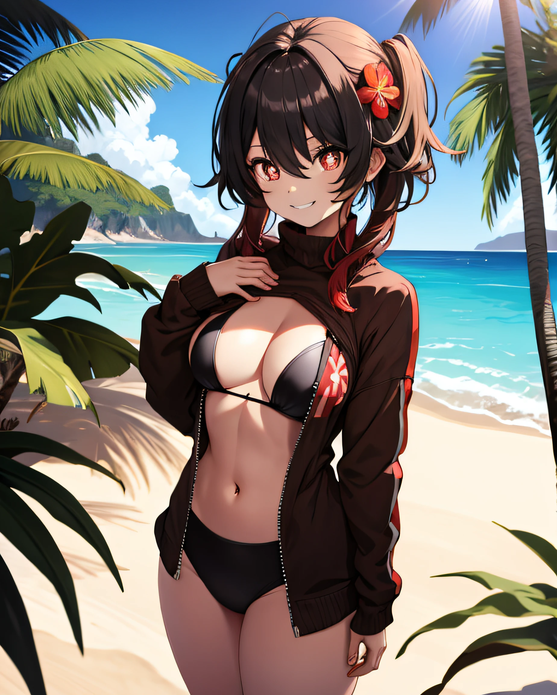 he beach,one-girl,Smile,flower shaped pupils,red eye, revealing a black bikini outfit, standing,puff out his chest to you, B cup,sunny day, quiet place, scare you