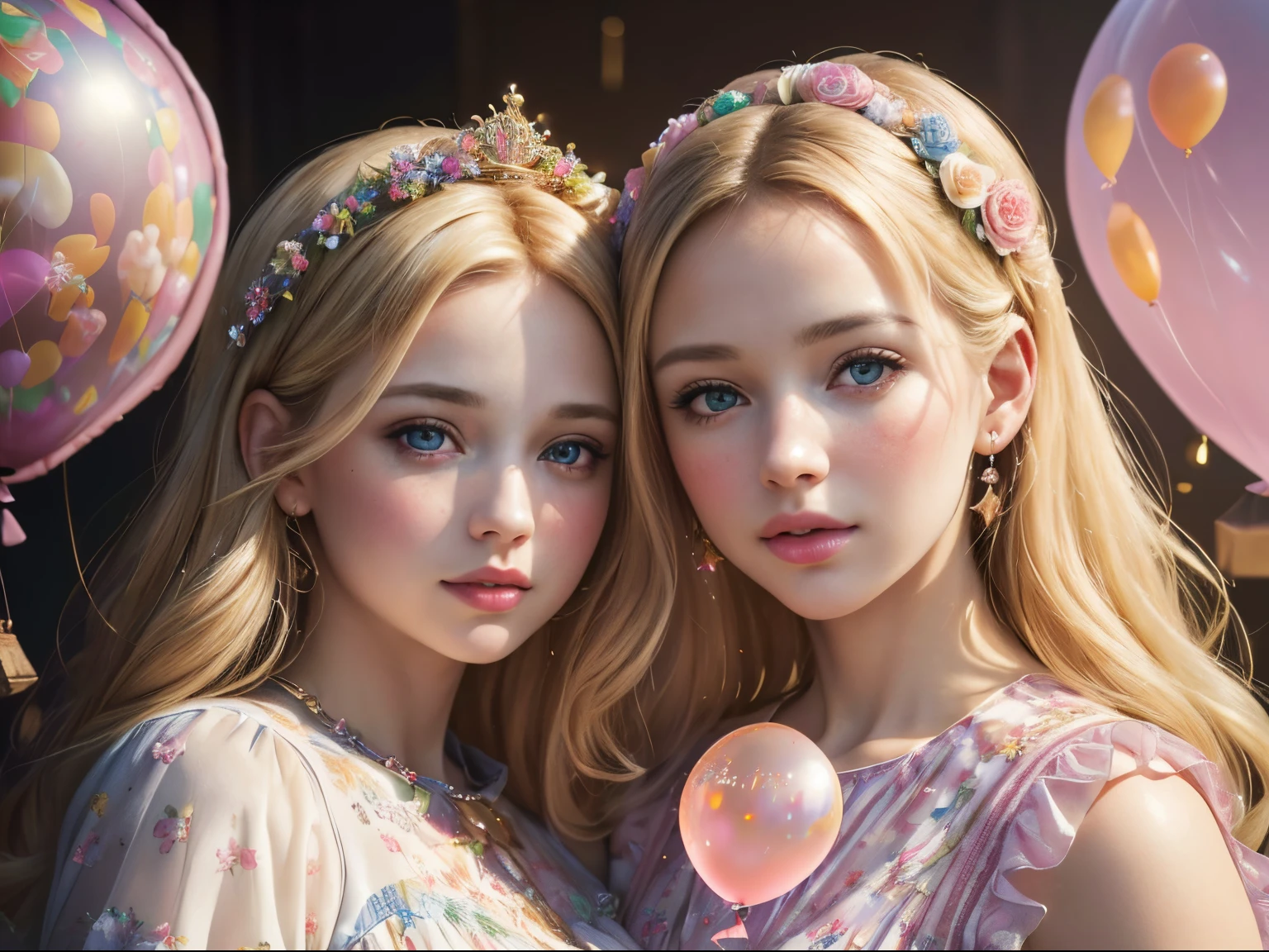 (best quality,8k,highres,masterpiece:1.2),ultra-detailed,(realistic,photorealistic,photo-realistic:1.37),oil painting,portrait,beautiful detailed eyes,beautiful detailed lips,blond hair,rosy cheeks,detailed dress with floral patterns,((sparkling balloon animals)), vibrant colors, soft lighting, bokeh, whimsical atmosphere