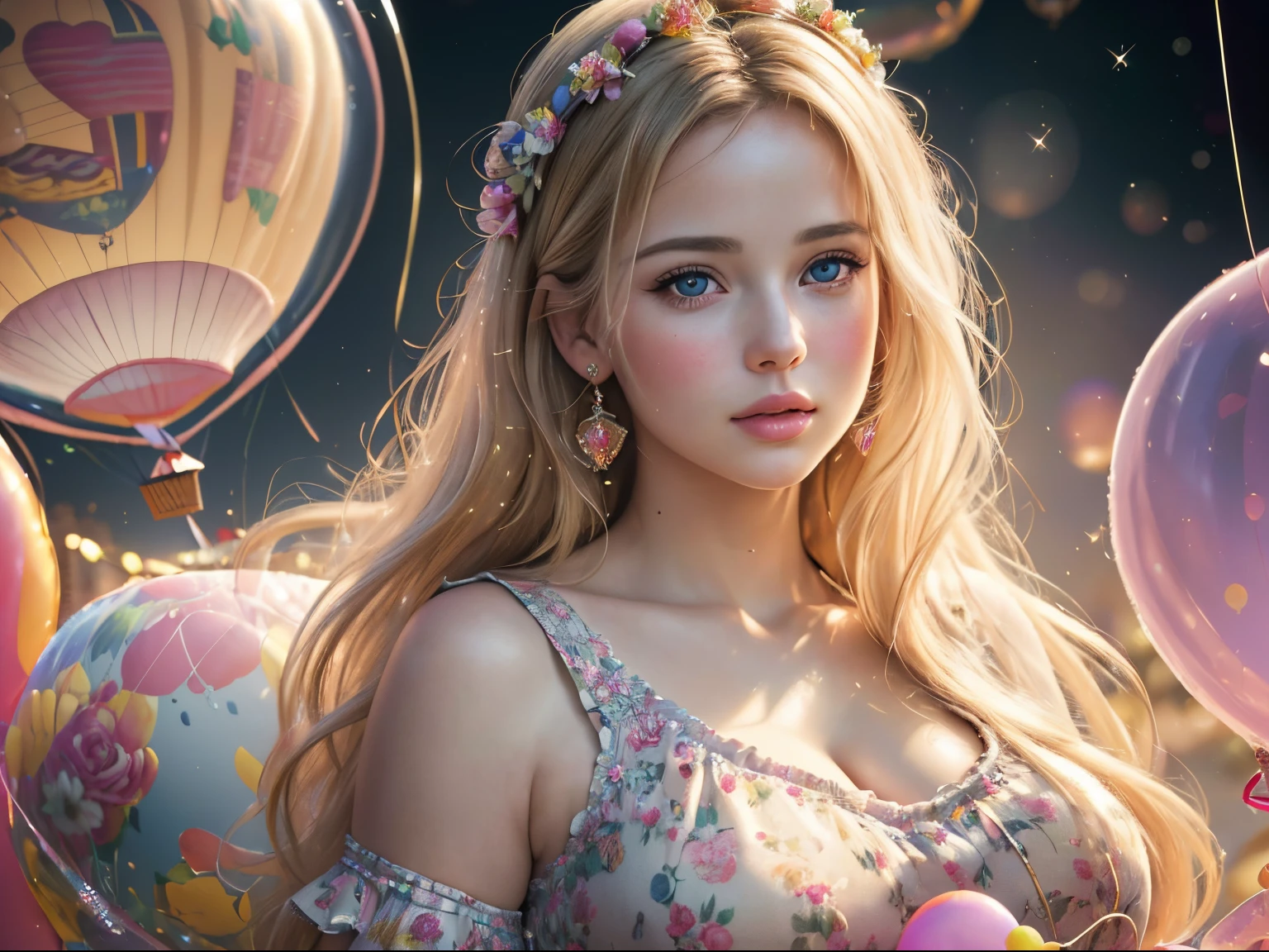 (best quality,8k,highres,masterpiece:1.2),ultra-detailed,(realistic,photorealistic,photo-realistic:1.37),oil painting,portrait,beautiful detailed eyes,beautiful detailed lips,blond hair,rosy cheeks,detailed dress with floral patterns,((sparkling balloon animals)), vibrant colors, soft lighting, bokeh, whimsical atmosphere