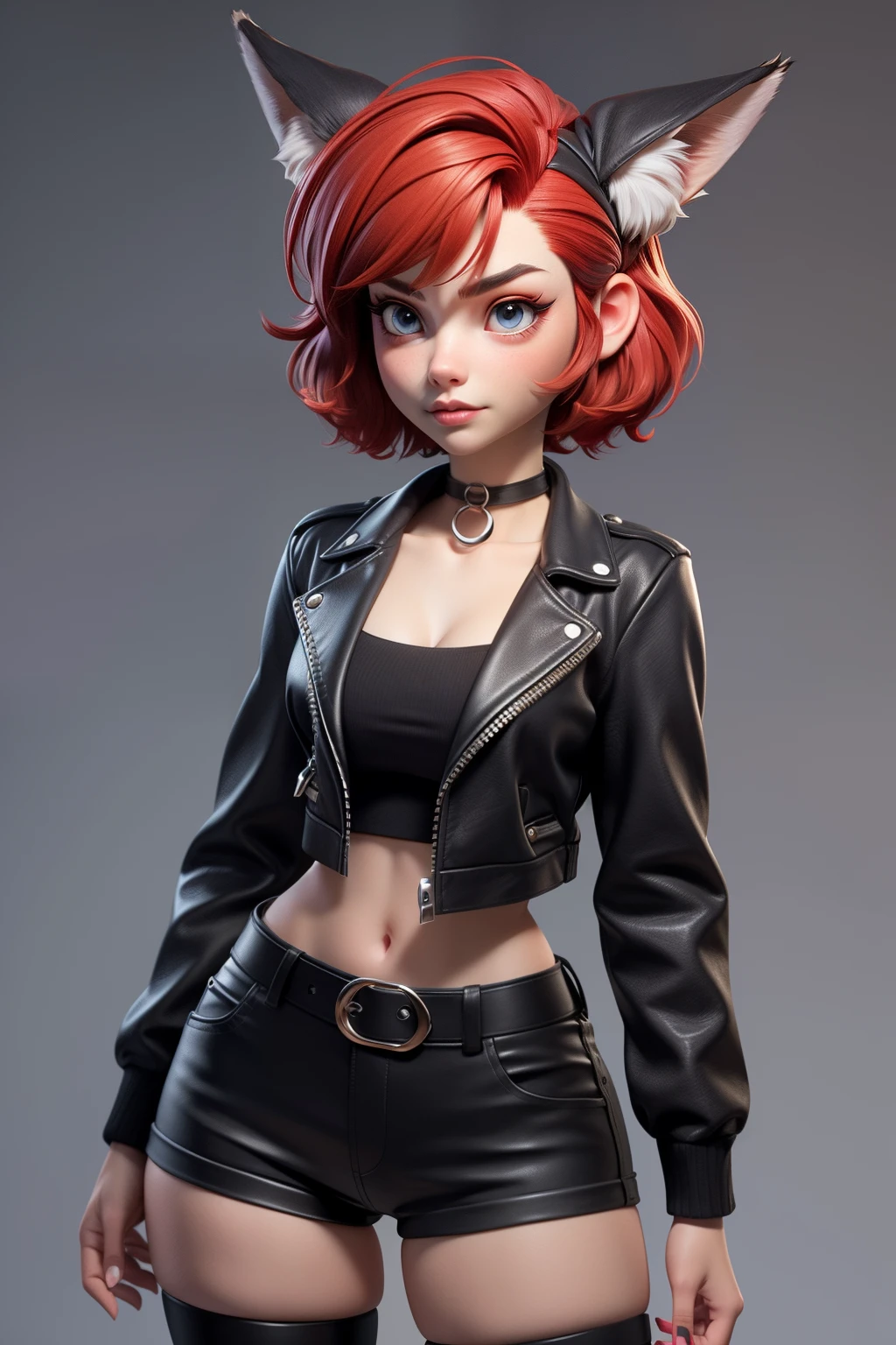 1girl, teenager, solo, (short pixie cut Hair, undercut red hair: 1.28), ((light gray eyes)), some small freckles, (black tip fox ears: 1.35), pale skin, large breasts, cleavage, (thin hips, thin waist: 1.25), simple background, looking away, (fitted open cropped leather jacket, choker, short shorts, thigh high stockings, plaid b&w sneakers: 1.11), masterpiece, best quality,3d rending work ,3DMM style, close-up, portrait, 3D,