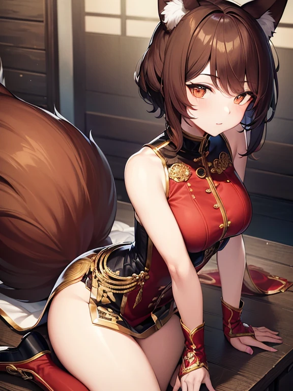 (tmasterpiece, Best quality at best: 1.2), ultra - detailed, highest details, fox ear，Short brown hair，younger female，Red coat，Gold decoration，fox tails，a sexy pose，Black colored eyes，