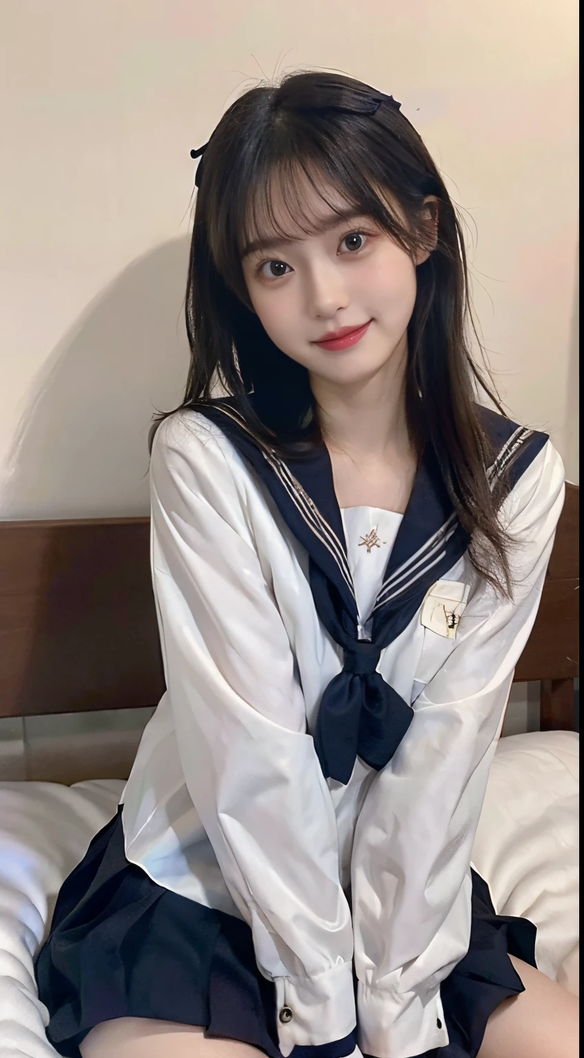 (smile:1.2), beautiful, masterpiece, best quality, extremely detailed face, perfect lighting, (absurdres), (ultra detailed, 8K, ultra highres:1.2), perfect lighting, (1girl:1.0), above crotch, hide hands,
BREAK,
1girl, sailor uniform, on the bed, medium chest, cute, lying on the bed, in her boyfriend's room, face focus,