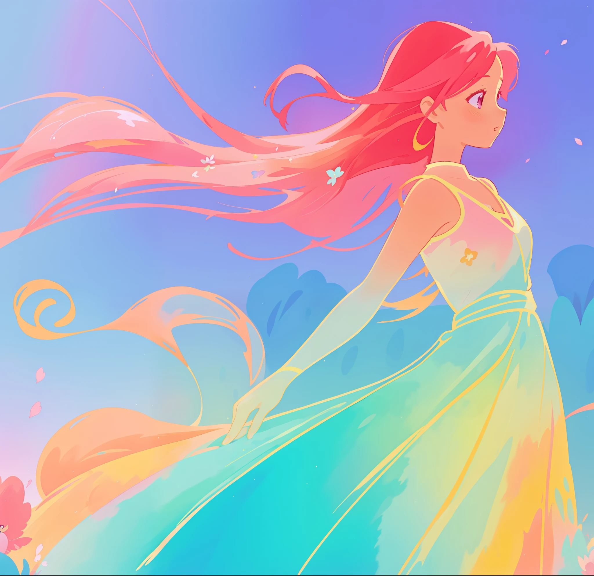 beautiful girl in colorful gradient flowing dress, long flowing red pink hair, colorful fantasia background, watercolor illustration, disney art style, beautiful digital illustration, fantasia otherworldly landscape plants flowers, beautiful, masterpiece, best quality, anime disney style