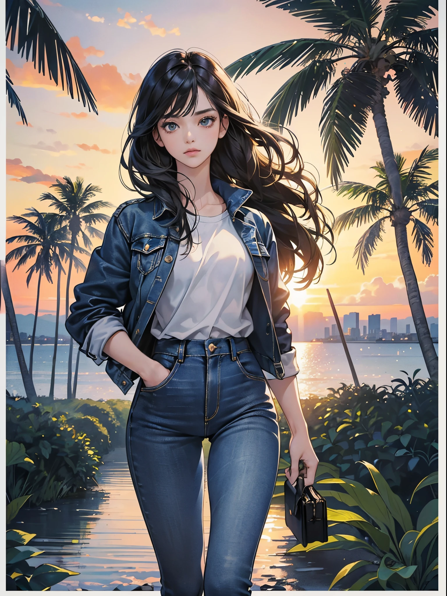 orange and royal blue tones、Vibrant colors、((​masterpiece)))、(((top-quality)))、((ultra-detailliert))、(A hyper-realistic)、(highly detailed CGillustration）、Official art、CD cover、urbane、City Pop、Palm trees、Sunset beach、Long Black Hair、It will be、Cool feeling、Mid summer、Stylish、glorious 1980s、Cool Beauty、Coquettish、a gorgeous、matchless beauty、blouson、tight blue jeans、Female Solo、Perfect Angle、perfect-composition