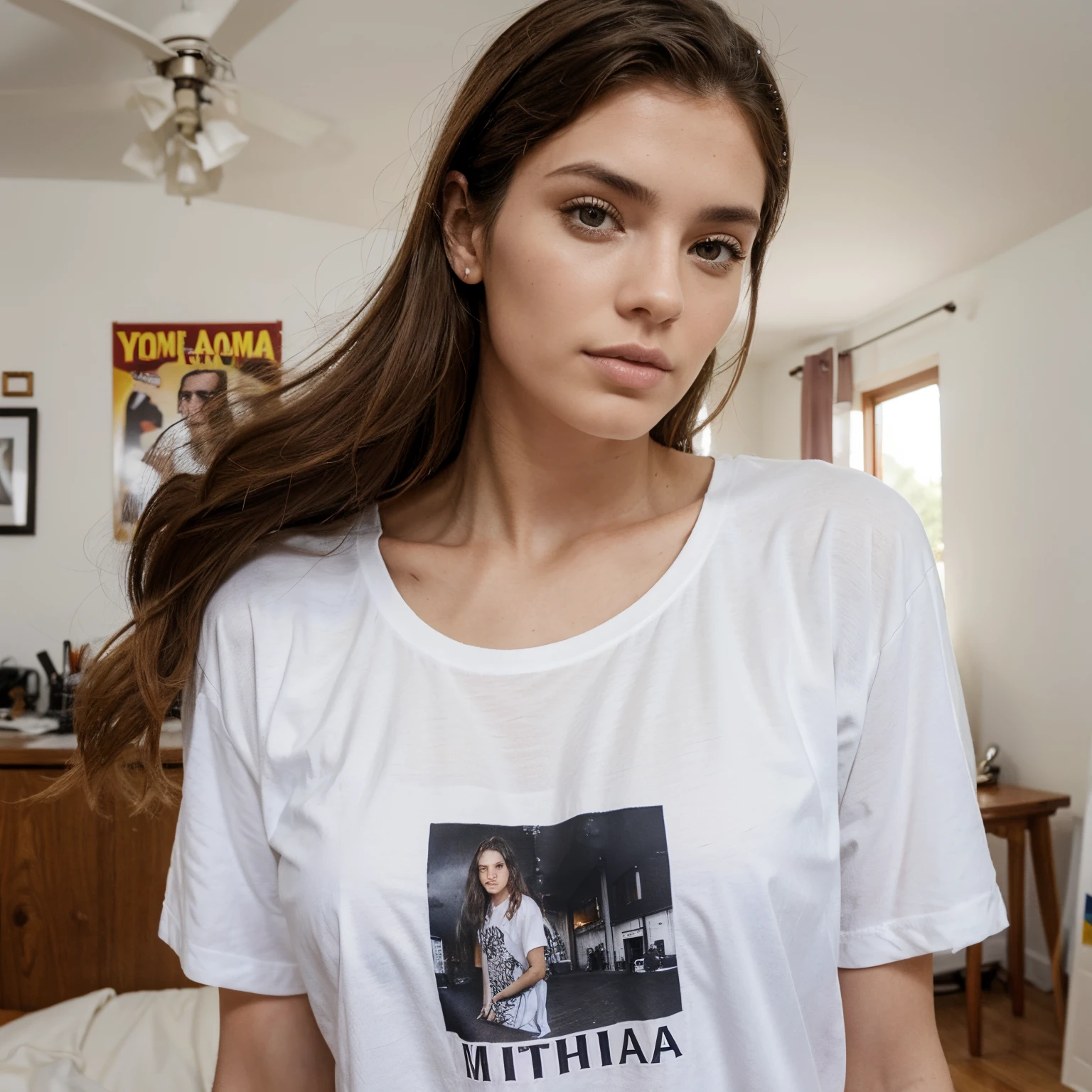 Crea una modelo, de pelo moreno largo con piel blanca, a spanish model, en camiseta de tiras con pechos grandes en su habitacion