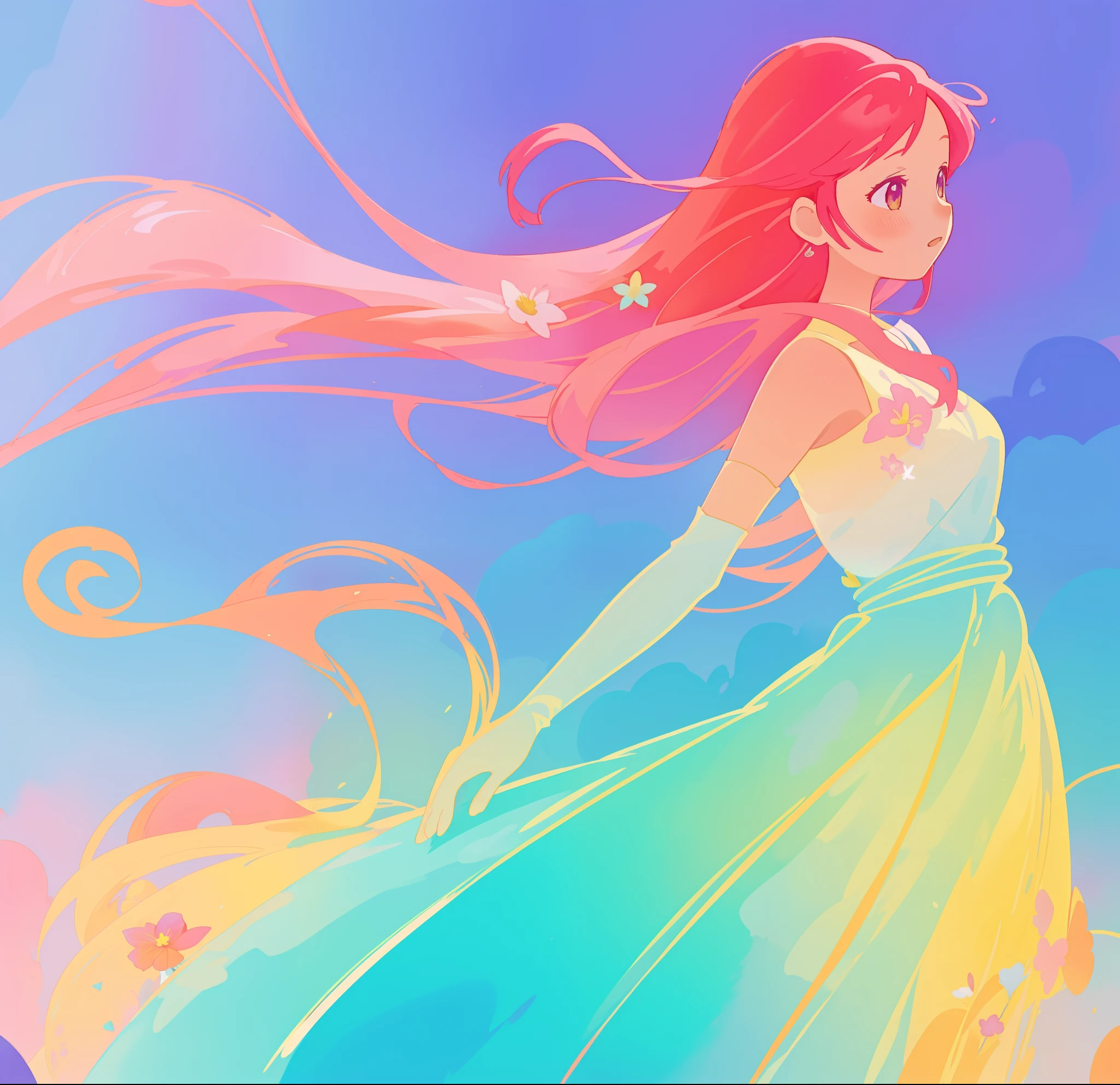 beautiful girl in colorful gradient flowing dress, long flowing red pink hair, colorful fantasia background, watercolor illustration, disney art style, beautiful digital illustration, fantasia otherworldly landscape plants flowers, beautiful, masterpiece, best quality, anime disney style