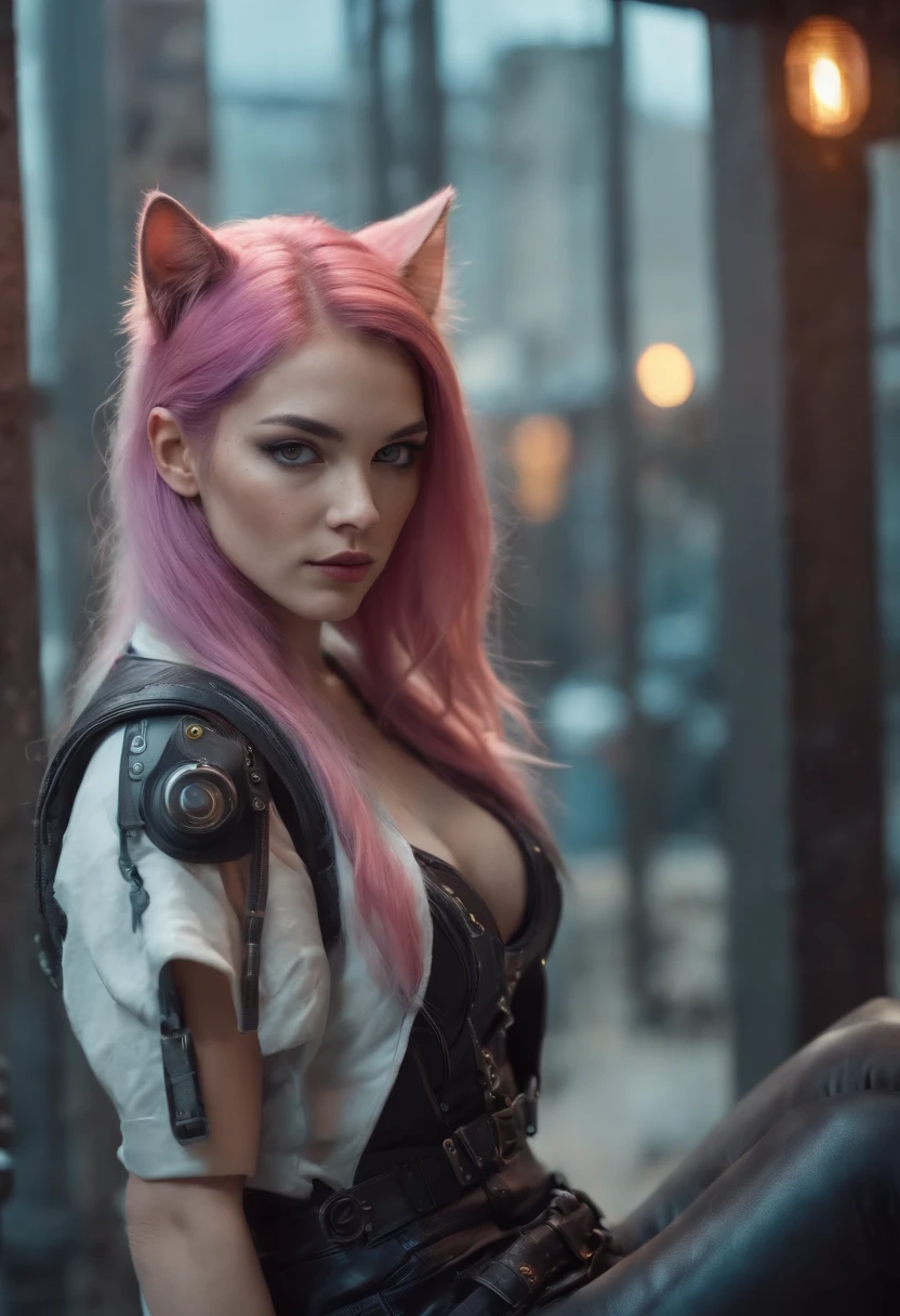 Beautiful photorealistic photo of a cyberpunk cat girl with long multicolored hair and a swinging tail, ((best quality)), ((Meisterwerk)), (Detailliert: 1.4), Depth of field f/2.8