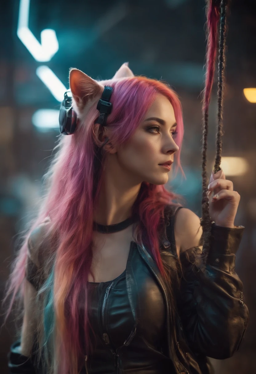 Beautiful photorealistic photo of a cyberpunk cat girl with long multicolored hair and a swinging tail, ((best quality)), ((Meisterwerk)), (Detailliert: 1.4), Depth of field f/2.8