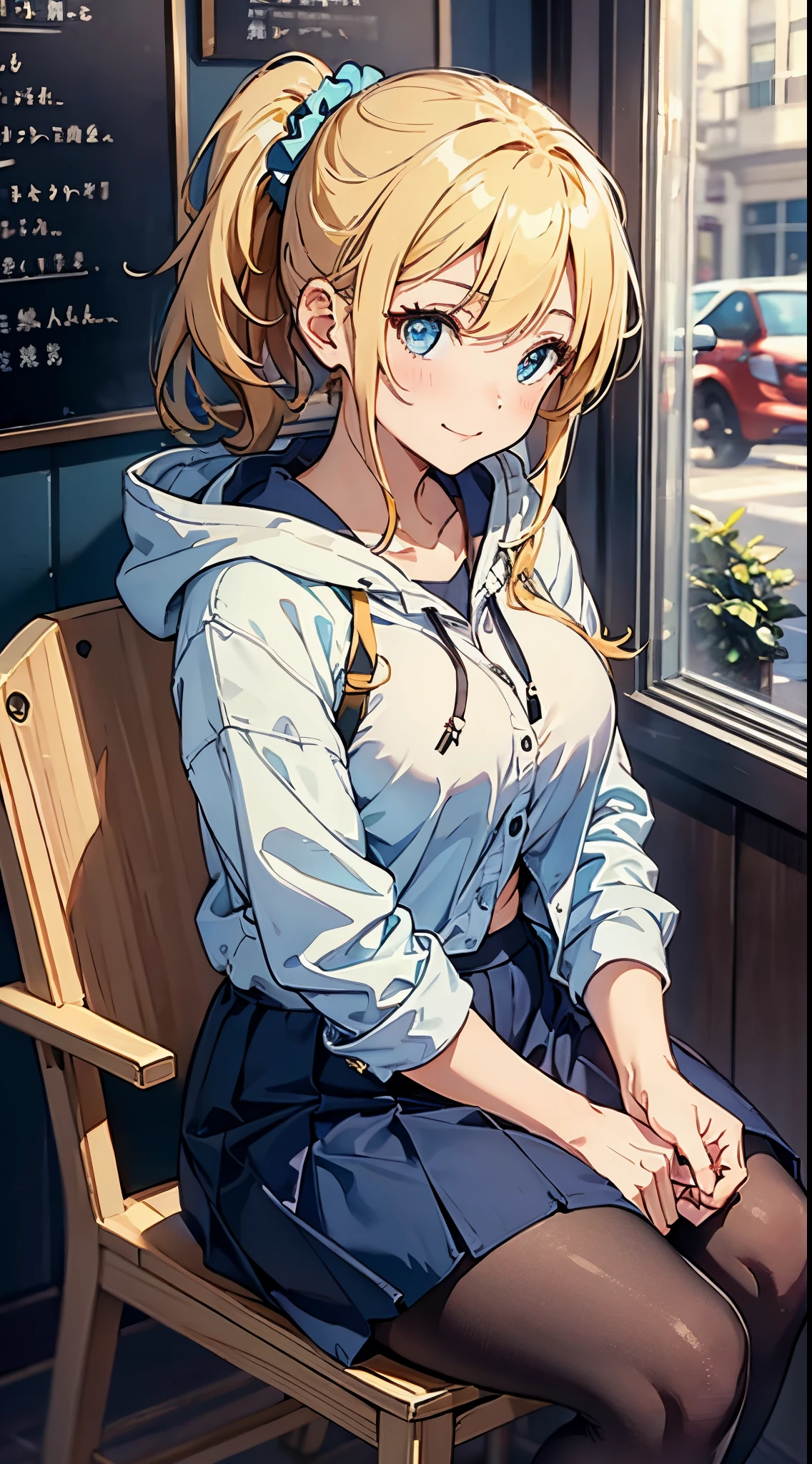 ((Best Quality, 8K, Masterpiece:1.3)), Focus: 1.2, Perfect Body Beauty: 1.4, BREAK 1girl, solo, blonde hair, little smile, blue eyes, Side ponytail, hair scrunchie, hair ornament, blue scrunchie, Swept bangs, big breasts, BREAK Front-button chino long skirt, CASQUETTE, waffle pullover, hooded waistcoat, sneaker, in coffee shop, sitting chair, portrait