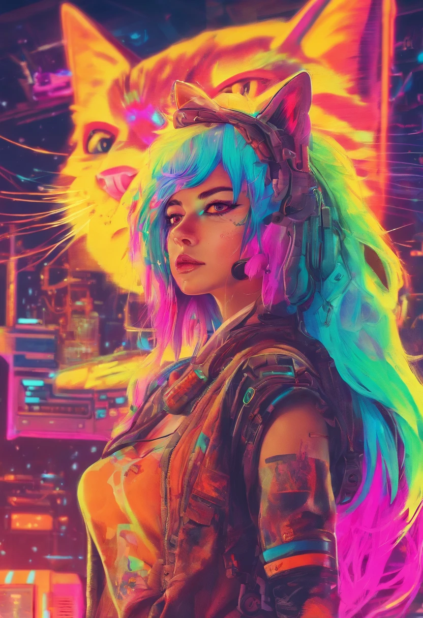 Beautiful photorealistic photo of a cyberpunk cat girl with long multicolored hair and a swinging tail, ((best quality)), ((Meisterwerk)), (Detailliert: 1.4), Depth of field f/2.8