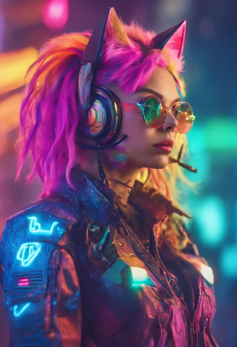 Beautiful photorealistic photo of a cyberpunk cat girl with long multicolored hair and a swinging tail, ((best quality)), ((Meisterwerk)), (Detailliert: 1.4), Depth of field f/2.8