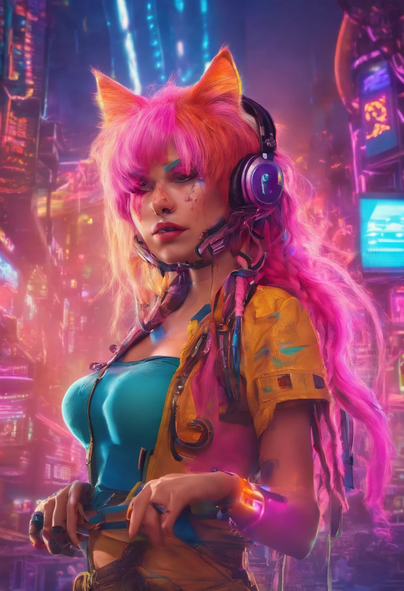 Beautiful photorealistic photo of a cyberpunk cat girl with long multicolored hair and a swinging tail, ((best quality)), ((Meisterwerk)), (Detailliert: 1.4), Depth of field f/2.8
