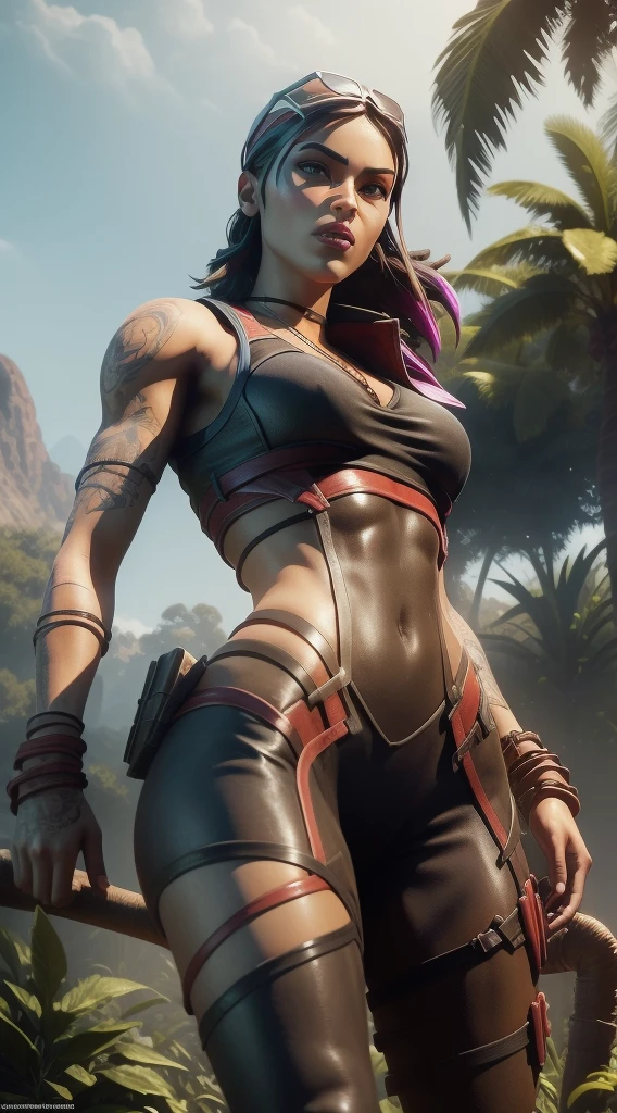 lara croft from tomb raider game, wearing a sexy outfit, in jungle, hot look, (masterpiece, top quality, best quality, official art, beautiful and aesthetic:1.2)