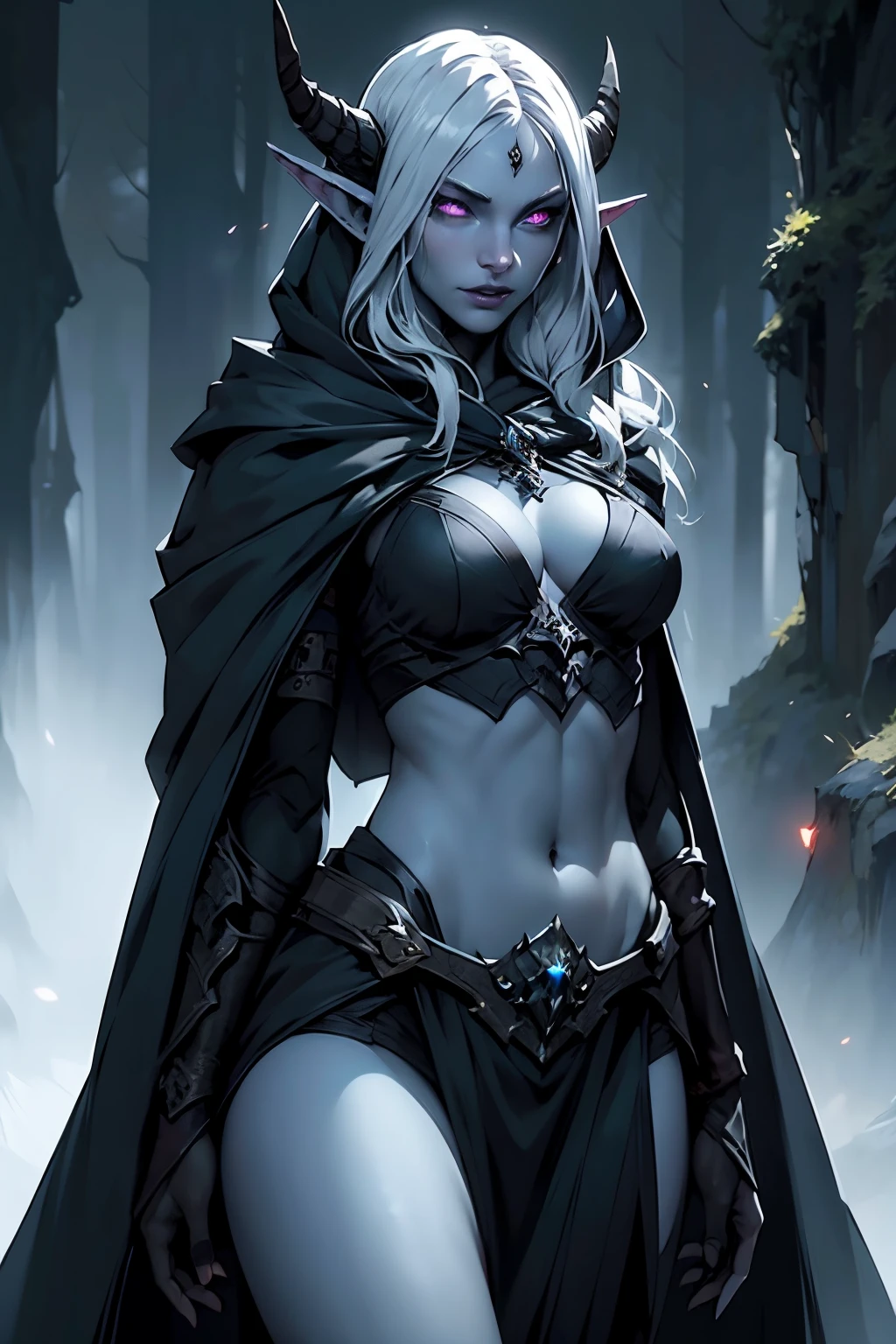 raw， tmasterpiece， ultra fine photos， ， Best quality， 超高分辨率， realistically， rays of sunshine， full-body portraits， Amazingly beautiful， ， dynamicposes， delicated face， vibrant eyes，woman with horns and horns, Sylvanas Windrunner Female, pointy ears, Alone, tiny faeries, navel, Hooded, Blue skin, septum, looking at viewert, Long gray hair, Cloak, mediuml breasts, blond hairbl, cover-up, Red cloak, mediuml breasts, hooded cloaks, obi strip, pouch, green-eyed, upper part of body, arma, glowing light eyes, Open lips, ((tmasterpiece, Best quality)), Artwork by Greg Rutkoski, Hot topics on artstation