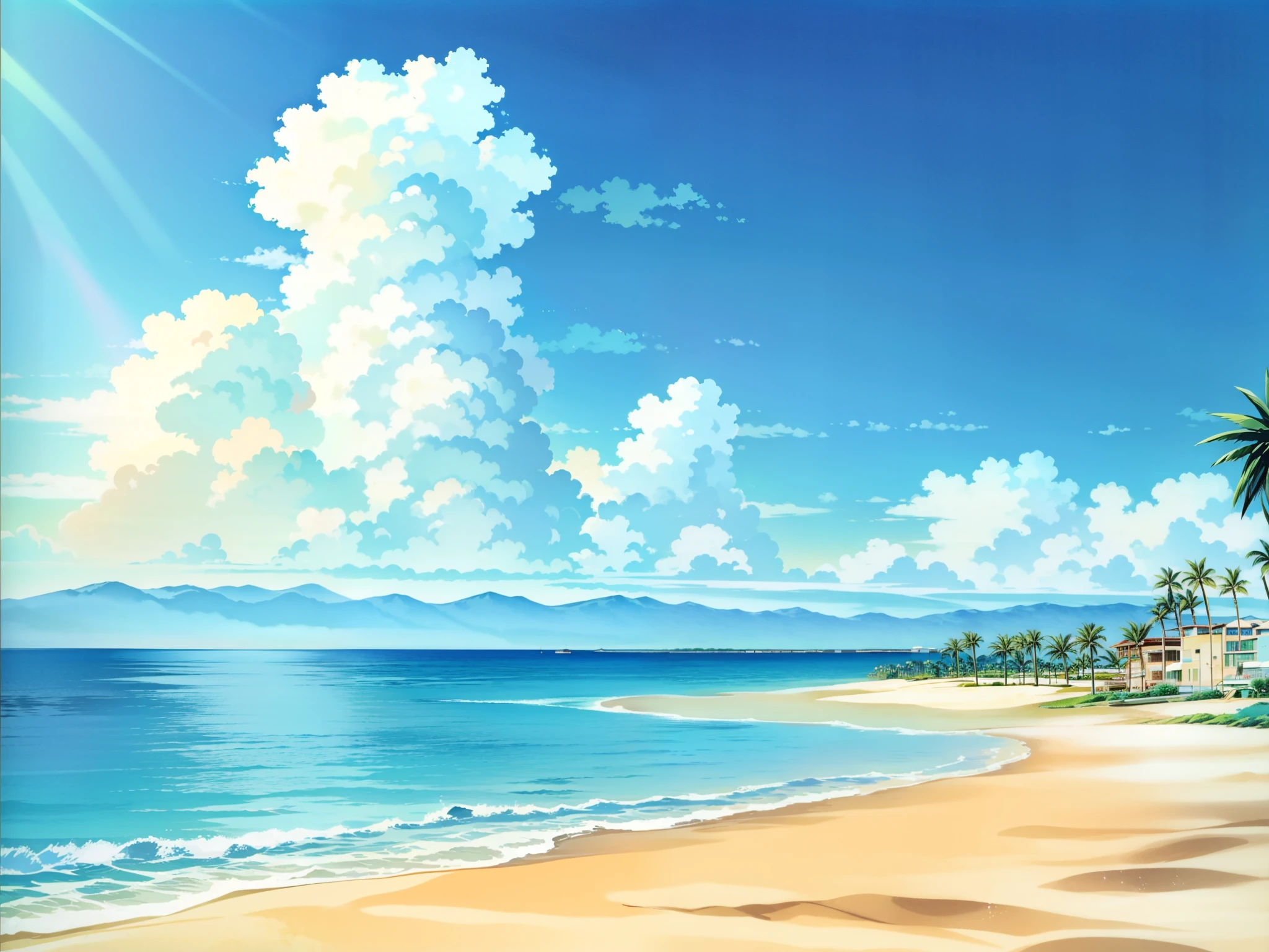flat color,best quality,masterpiece,dept of field,urushihara satoshi,(i want an illustration a beach ,sand volley,palm trees, :1.3),,,palm trees, beach,background,1980s \(style\),80s anime, bright blue sky,eizin suzuki,citypop,outline,(((no human,private beach))),grain,retro noise,