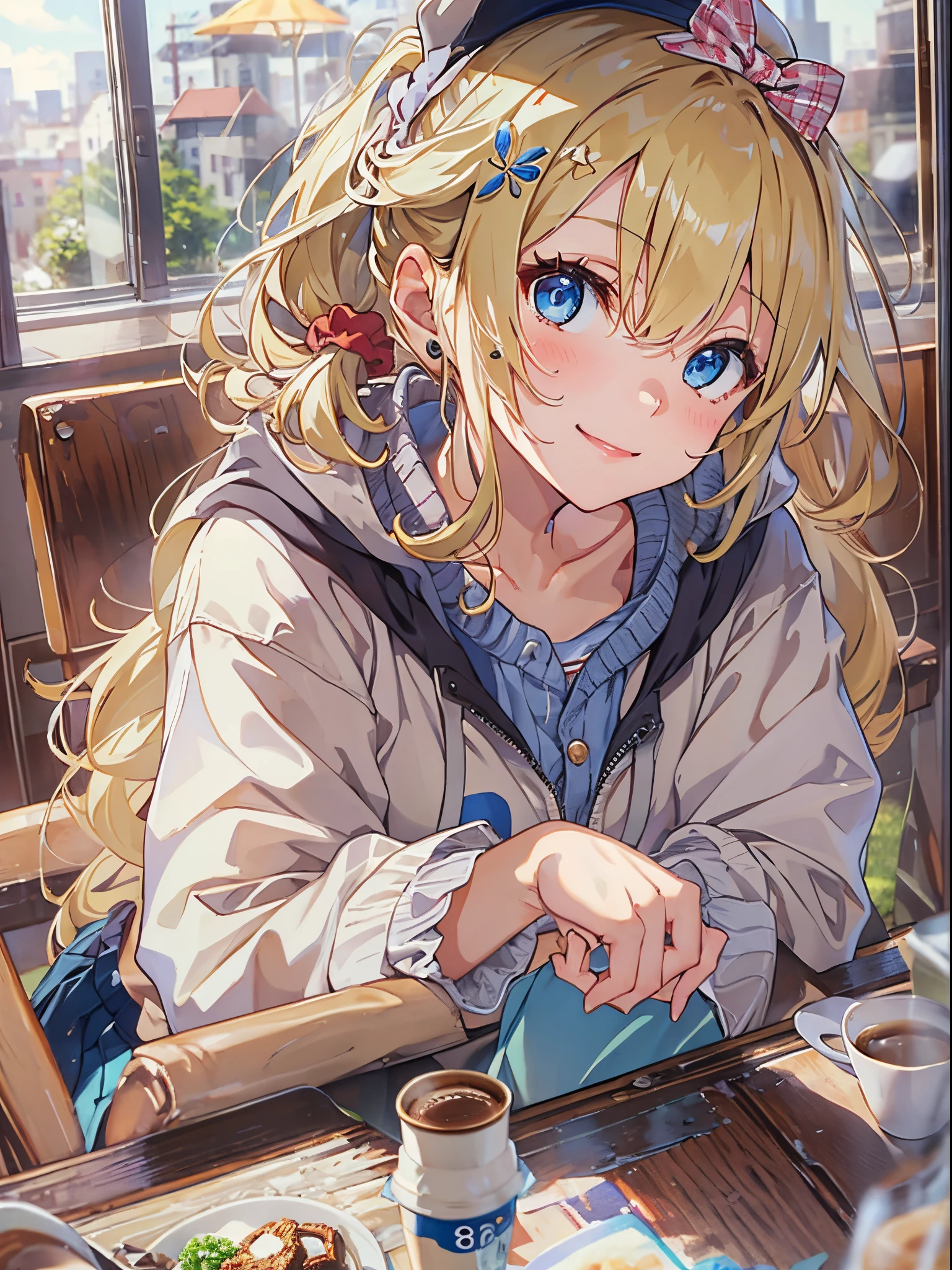 ((Best Quality, 8K, Masterpiece:1.3)), Focus: 1.2, Perfect Body Beauty: 1.4, BREAK 1girl, solo, blonde hair, little smile, blue eyes, Side ponytail, hair scrunchie, hair ornament, blue scrunchie, Swept bangs, big breasts, BREAK Front-button chino long skirt, CASQUETTE, waffle pullover, hooded waistcoat, sneaker, in coffee shop, sitting chair, portrait