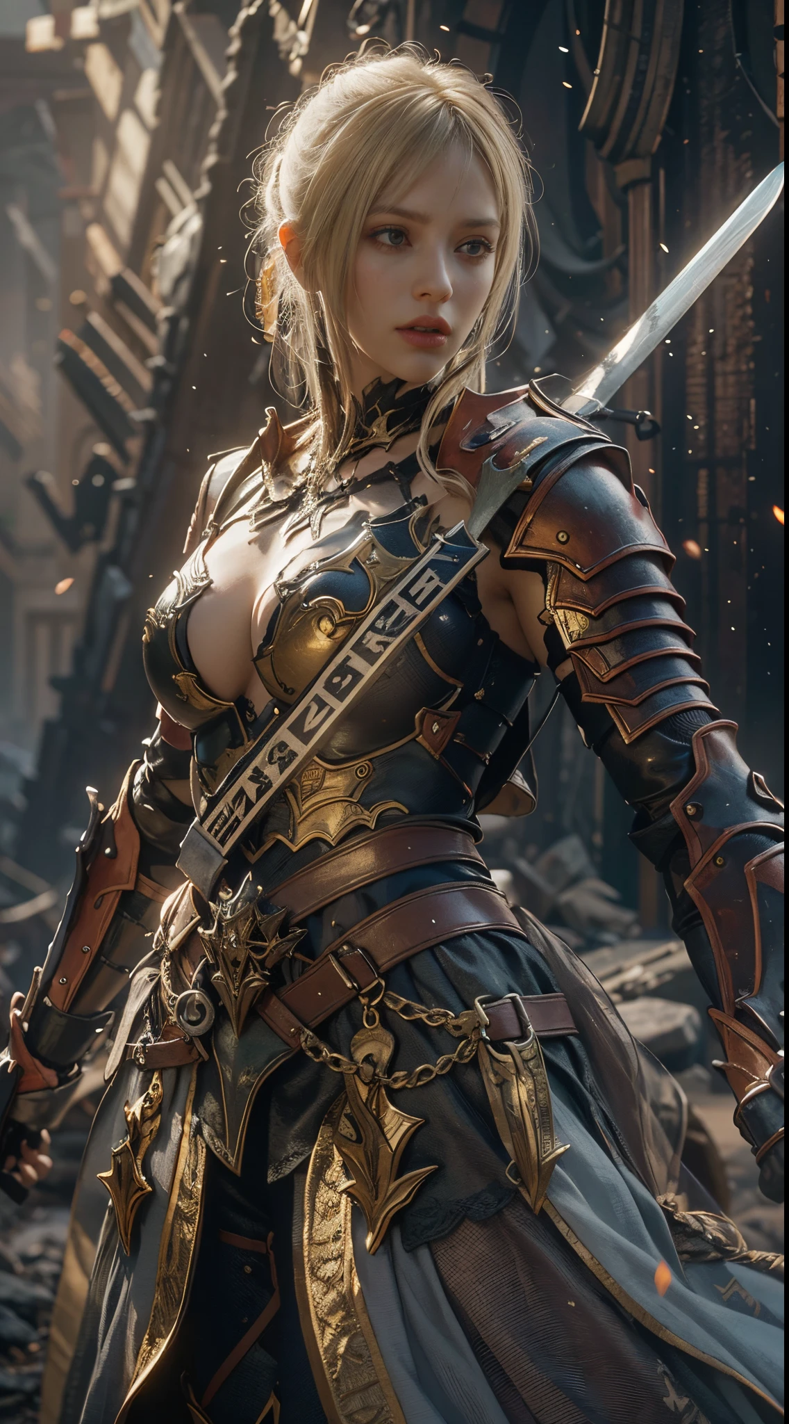 8k, best quality, highres, realistic, real person, An awe-inspiring scene of a female knight with golden hair, now carrying an unbelievably massive sword, several times her height, on her back. She is wearing light armor that accentuates her muscular build, and her expression conveys a sense of strength and determination. The background should depict a fantasy landscape, adding to the epic scale of the scene.