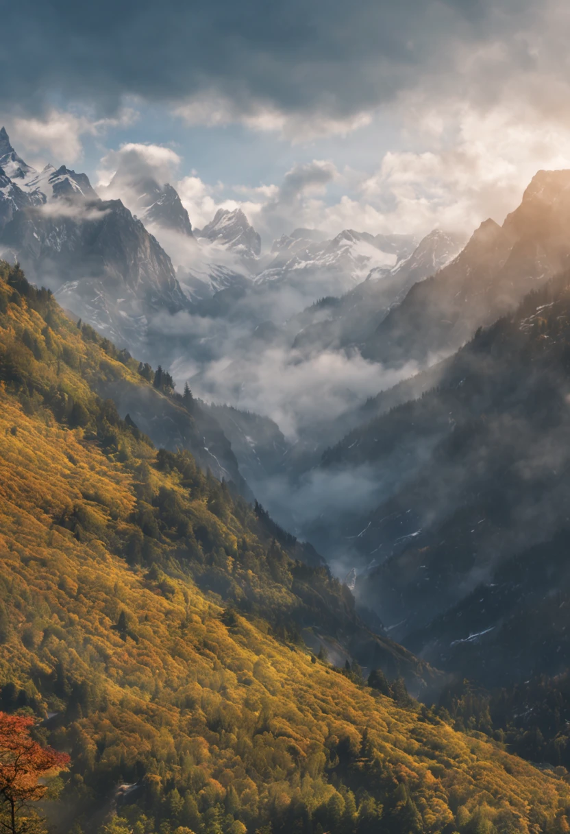 4k resolution, detailed, vibrant colors, natural lighting, serene atmosphere, peaceful, breathtaking view, picturesque, misty peaks. ultra realistic, landscape, switzerland, mountains, clouds, high quality,