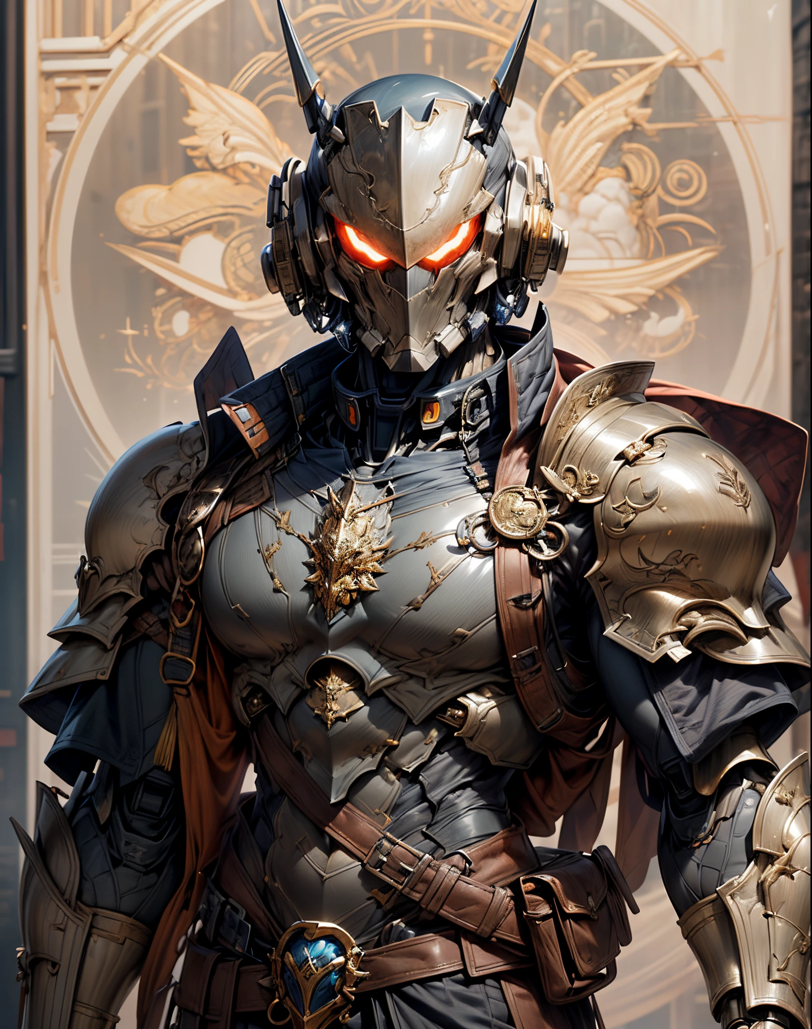 (((An epic and visually stunning digital anime masterpiece featuring a sylphlike masculine ((male:1.5)) decorated military soldier soldier clad in a sleek yet tactical armored yet decorated leather military trench coat:1.2))), (((flat masculine male chest:1.5, mechanical mecha knight head with a narrow visor:1.5))), (((the character is adorned in a (scifi tactical armored open front trench coat with a built in exoskeleton, hood pulled up) (over a form fitted armor plated yet super sleek and revealing under suit with waist cut outs), the armor plating on the upper arms and shoulders beautifully engraved))):1.4. The image showcases the intricacies of the character’s armor and clothing:1.5, ((capturing their flamboyant essence and heavy mecha aesthetic:1.2)). The character also possesses an androgynous charm, (((with slim yet heavily muscled physique:1.2, sylphlike with a sleek waist, toned yet beautifully sleek cybernetic arms:1.3, mechanical arms and legs:1.3, mecha muscles:1.3))), looking at viewer, (((brass metal armor and brown leather, dieselpunk:1.3)))