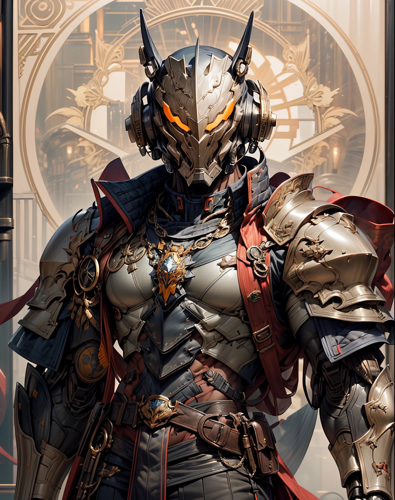 (((An epic and visually stunning digital anime masterpiece featuring a sylphlike masculine ((male:1.5)) decorated military soldier soldier clad in a sleek yet tactical armored yet decorated leather military trench coat:1.2))), (((flat masculine male chest:1.5, mechanical mecha knight head with a narrow visor:1.5))), (((the character is adorned in a (scifi tactical armored open front trench coat with a built in exoskeleton, hood pulled up) (over a form fitted armor plated yet super sleek and revealing under suit with waist cut outs), the armor plating on the upper arms and shoulders beautifully engraved))):1.4. The image showcases the intricacies of the character’s armor and clothing:1.5, ((capturing their flamboyant essence and heavy mecha aesthetic:1.2)). The character also possesses an androgynous charm, (((with slim yet heavily muscled physique:1.2, sylphlike with a sleek waist, toned yet beautifully sleek cybernetic arms:1.3, mechanical arms and legs:1.3, mecha muscles:1.3))), looking at viewer, (((brass metal armor and brown leather, dieselpunk:1.3)))