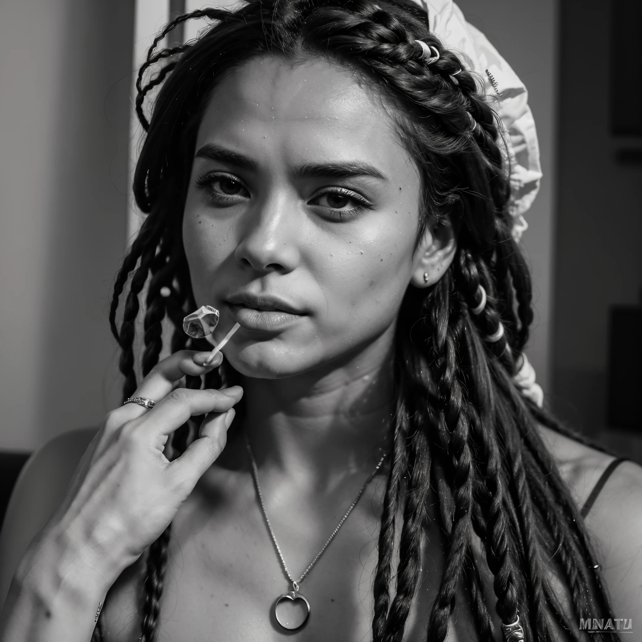 obra prima, melhor qualidade, um homem de dreadlock solto pro lado fumando, Close-up Arte linear, monocromatic, manga