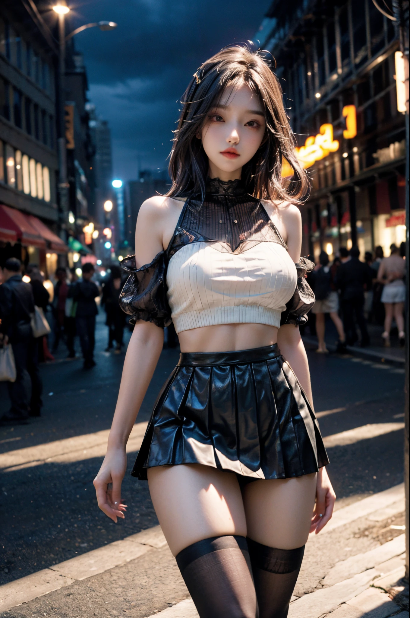 sfw, Angelic Very beautiful cute girl, Long straight black hair, see-through bangs, Sharp Focus, beautiful detailed face, (Soft Saturation: 1.3), (Fair skin: 1.2),BREAK (Shiny Metallic Red Super Mini Tight Skirt :1.3), Big breasts, break shiny White transparent holographic fashionable BodyCon tight fit tops,(Super shiny pantyhose:1.4),Cowboy Shot, Walking, Costume lighting, In the city, wearing bra,((skinny waist)), young asian girl, ((big breasted)),