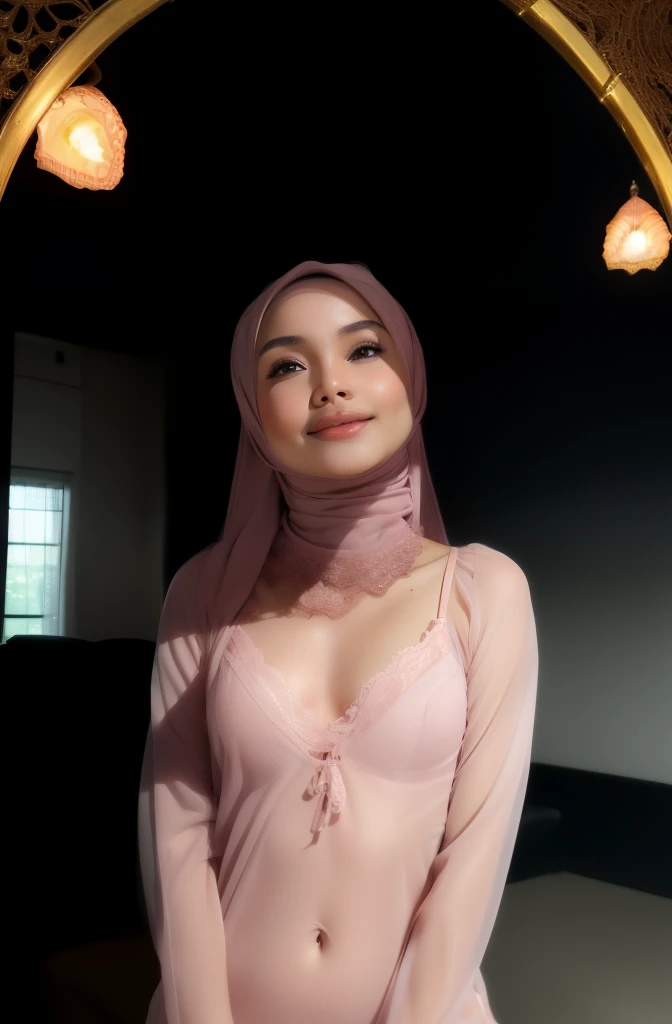 (((HIJAB MALAY GIRL))), (((transparent Shell pink lace lingerie ))), masutepiece, High quality, UHD 32K, Realistic face, Realistic skin feeling , A Japanese Lady, 8 years old, Little Girl, Very cute and baby-like face, (((FLAT CHEST))), (MATRIX WORLD), ((look In front at the camera and SMILE)), (((LITTLE GIRL))), (((CUTE GIRL))).