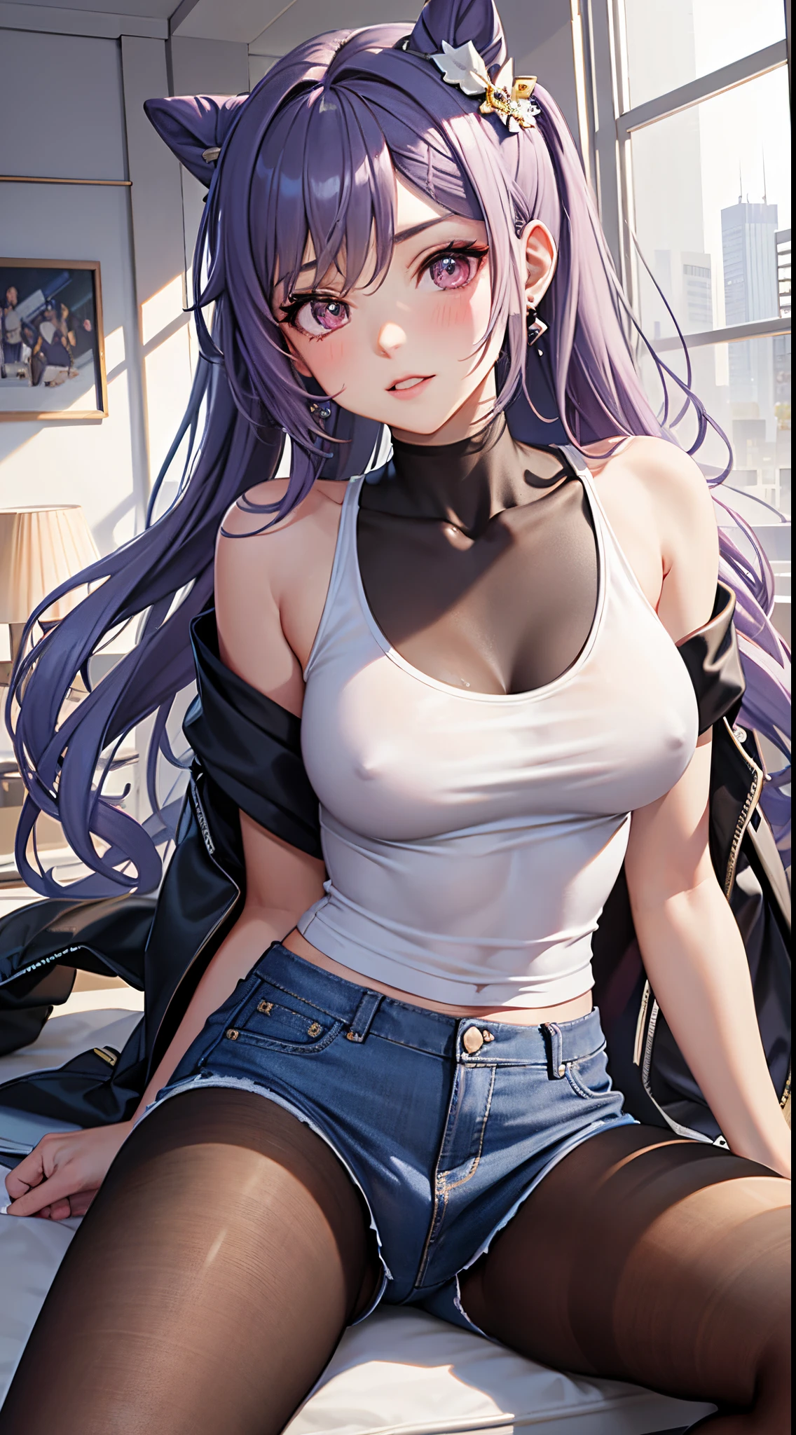 Character Details:, - Gender: 1 Girl.
- Style: Anime, - Body Type: Attractive body, slim body, nice legs, slim tights, nice arms, nice shoulders. - ((Small Breast))
- Facial Features: Beautiful, Gorgeous, ager, Fresh, Young.
- Expression: Teeth Smile, Pink Blush on Face, Sexy Eyes, Sexy Look, Innocent Look, Tipsy.
- Clothing: (White Tank Top), (Jeans). - Body Pose: Sitting.
- Behaviour: Waiting, Want Something, Secretly.
- Accessories: Earrings., Environmental Details:, - Setting: Office Room., - Lighting: Natural Light., - Decoration: Modern Office Desk, Chair, Window, White Curtain, City View., pov, anime style, UHD, retina, masterpiece, accurate, anatomically correct, textured