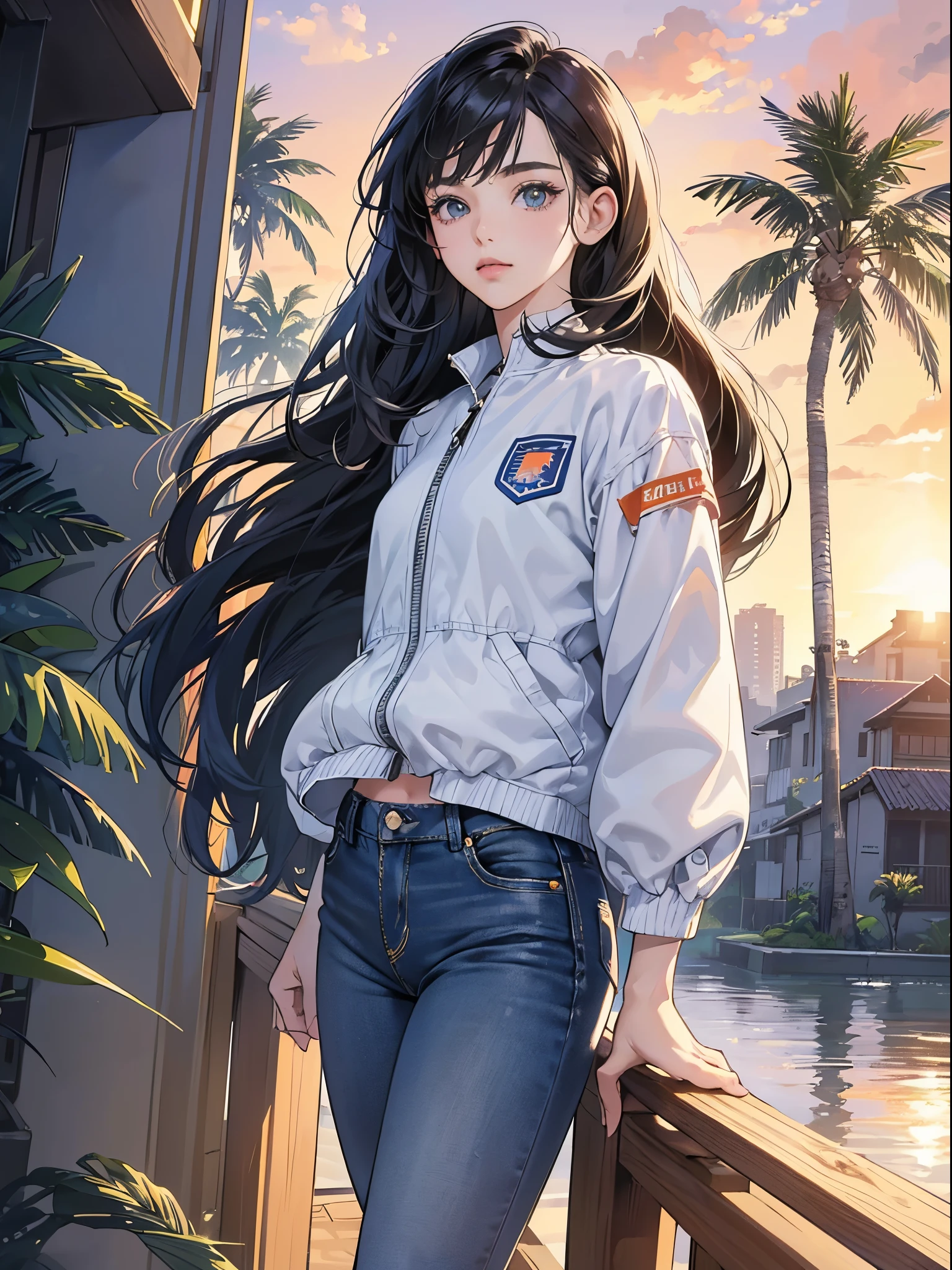 orange and royal blue tones、Vibrant colors、((masterpiece)))、(((top-quality)))、((ultra-detailliert))、(A hyper-realistic)、(highly detailed CGillustration)、Official art、CD cover、urbane、City Pop、Palm trees、Sunset beach、Long Black Hair、It will be、Cool feeling、Mid summer、Stylish、glorious 1980s、Cool Beauty、Coquettish、a gorgeous、matchless beauty、white blouson、tight blue jeans、Female Solo、Perfect Angle、perfect-composition