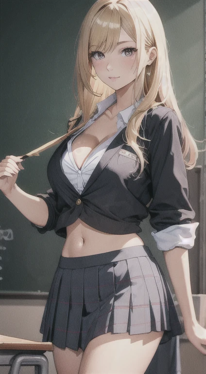 masterpiece ,best quality,ultra-detailed,high resolution,beautiful detailed eyes,long hair, cleavage, navel, slim legs, blonde hair, skirt, Kitagawa marin, school uniform, class