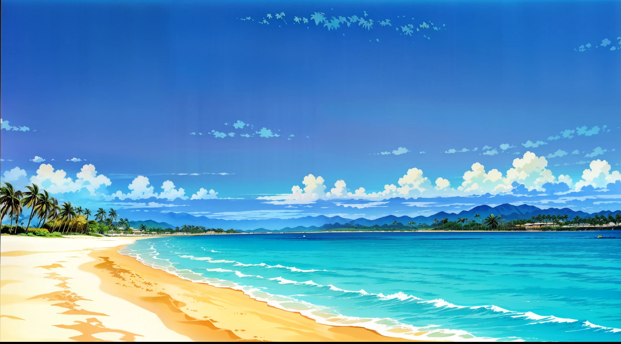 flat color,best quality,masterpiece,dept of field,urushihara satoshi,(i want an illustration a beach ,sand volley,palm trees, :1.3),,,palm trees, beach,background,1980s \(style\),80s anime, bright blue sky,eizin suzuki,citypop,outline,(((no human,private beach))),grain,retro noise,