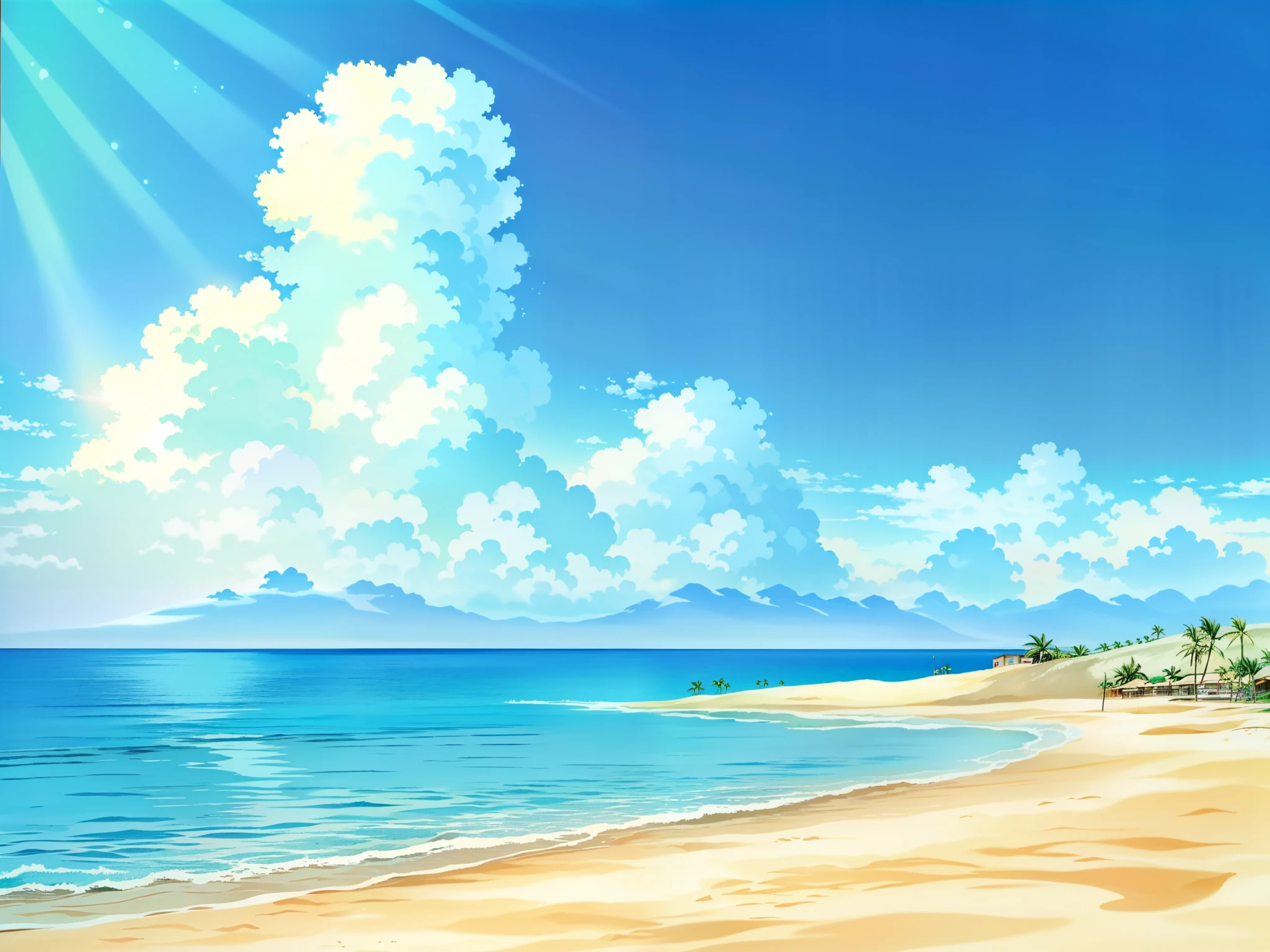 flat color,best quality,masterpiece,dept of field,urushihara satoshi,(i want an illustration a beach ,,, :1.3),,,palm trees, beach,background,1980s \(style\),80s anime, bright blue sky,eizin suzuki,citypop,outline,(((no human,private beach))),grain,retro noise,